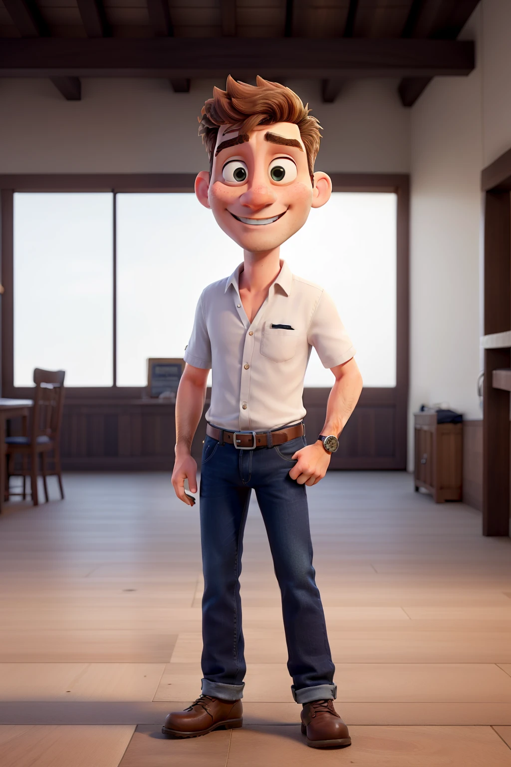 Obra-prima, de melhor qualidade,a white man standing smiling,em uma sala,segurando uma garrafa de whisky de jack daniels,in a lacoste shirt and dark jeans