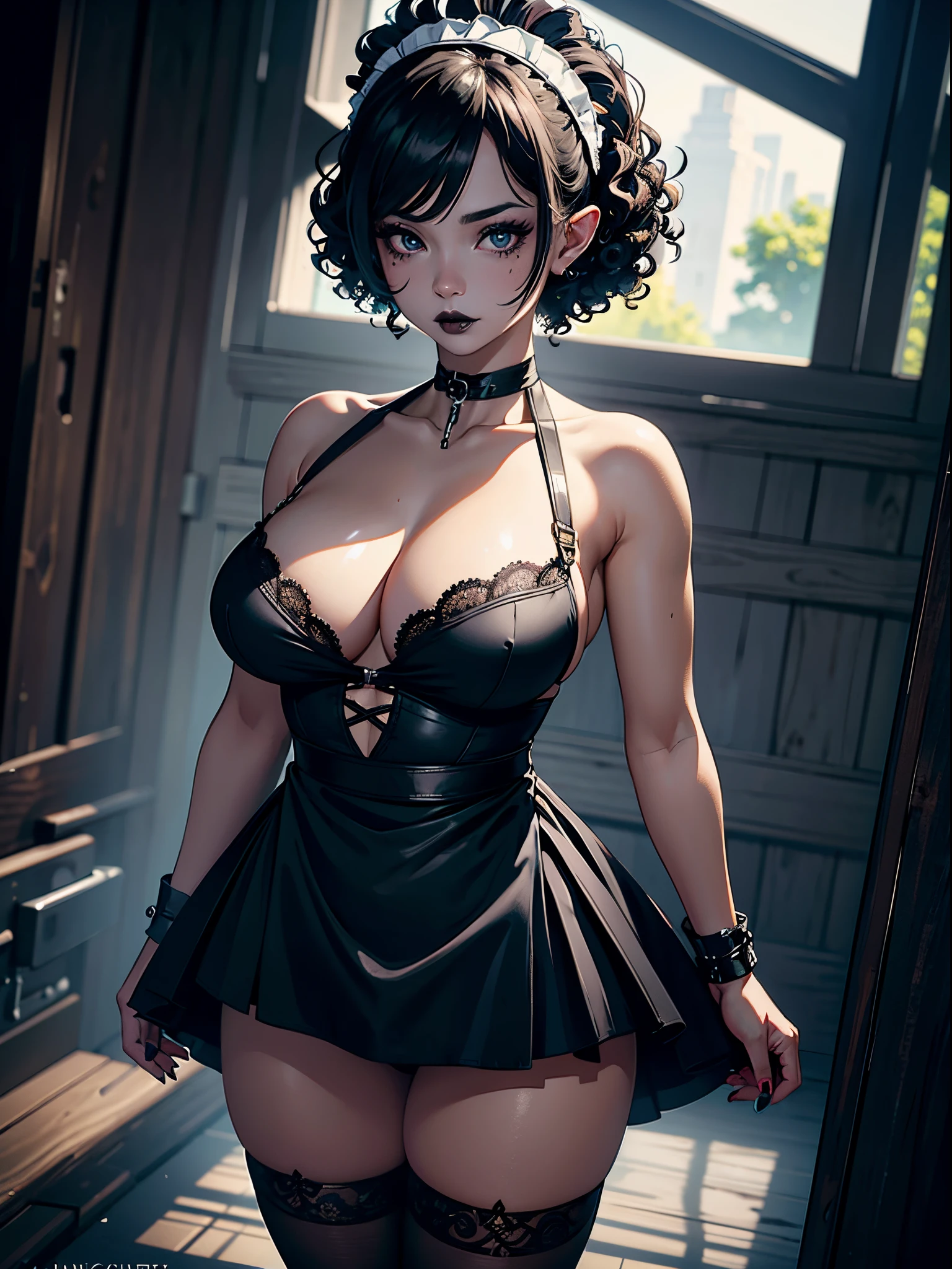 (Original Character、Unity 16K Wallpaper, Masterpiece, Best Quality, Ultra-Detailed, Extremely Detailed CG, Caustics, Cinematic Lighting, Detailed, Beautiful Detailed Eyes, solo,sexy women), Ultra High Resolution, fine skin, (maid, maid apron, maid headdress, sexy headdress, NSFW, black lingerie), (strong light)、oily skin,curby:1.2,,sexy women,little devil face,back shot, masterpiece, best quality, 1girl, cute young girl, teenager, solo, choker, bored, short hair, black hair, (((very curly hair))), goth girl, black eyes, elven ears, pointed ears, indoors, big ass:0.5, curvy body:0.5, ((blackmakeup, black eyeshadows, black lipstick,)),
