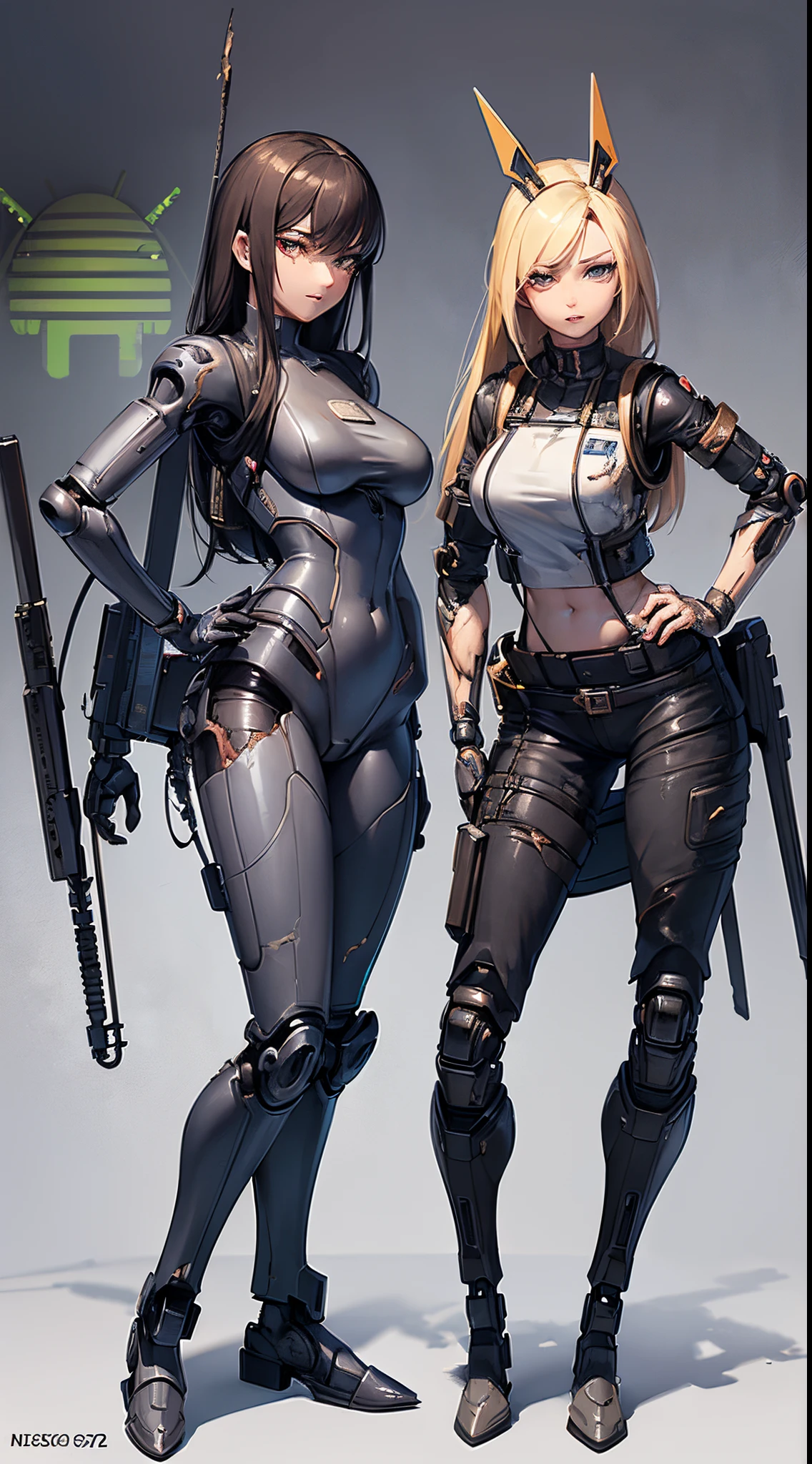 masterpiece, high quality, detailed art, concept art, character concept, Nikke, goddess of victory character, (battle android model), female character android, (wearing [military|elegant|sexy:0.33] future outfit uniform with straps and accessories, cargo pants, military vest), (holding weapon), action pose, battle damage, (visible (damaged:1.35) (character android body parts:1.3):1.15), (wallpaper, screensaver)