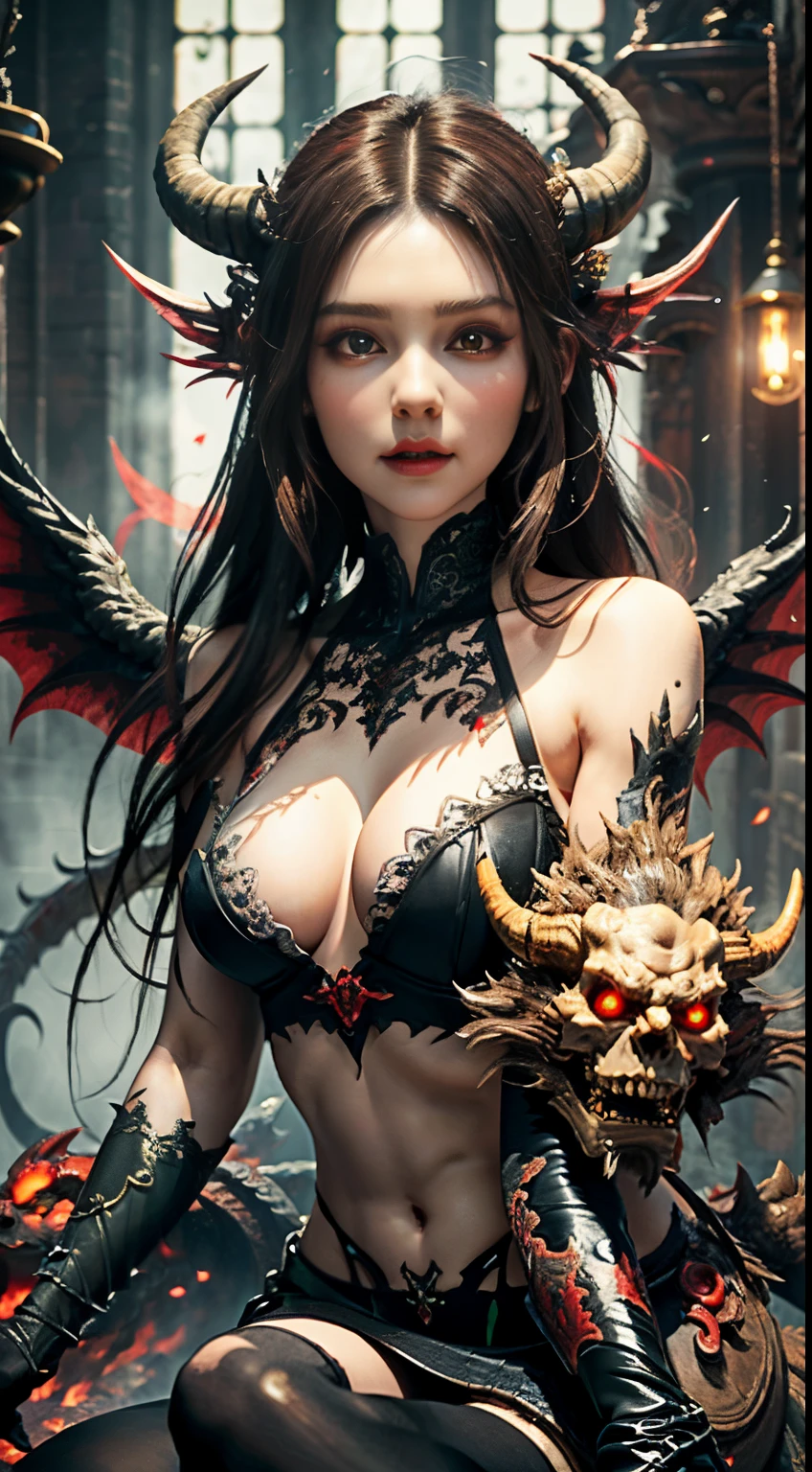 Masterpiece, best quality, ultra-detailed, enchanting facial features, succubus girl, sitting on a hellish demon, holding a skull, red demon wings and tail, black damask lace, dark painting style, bust