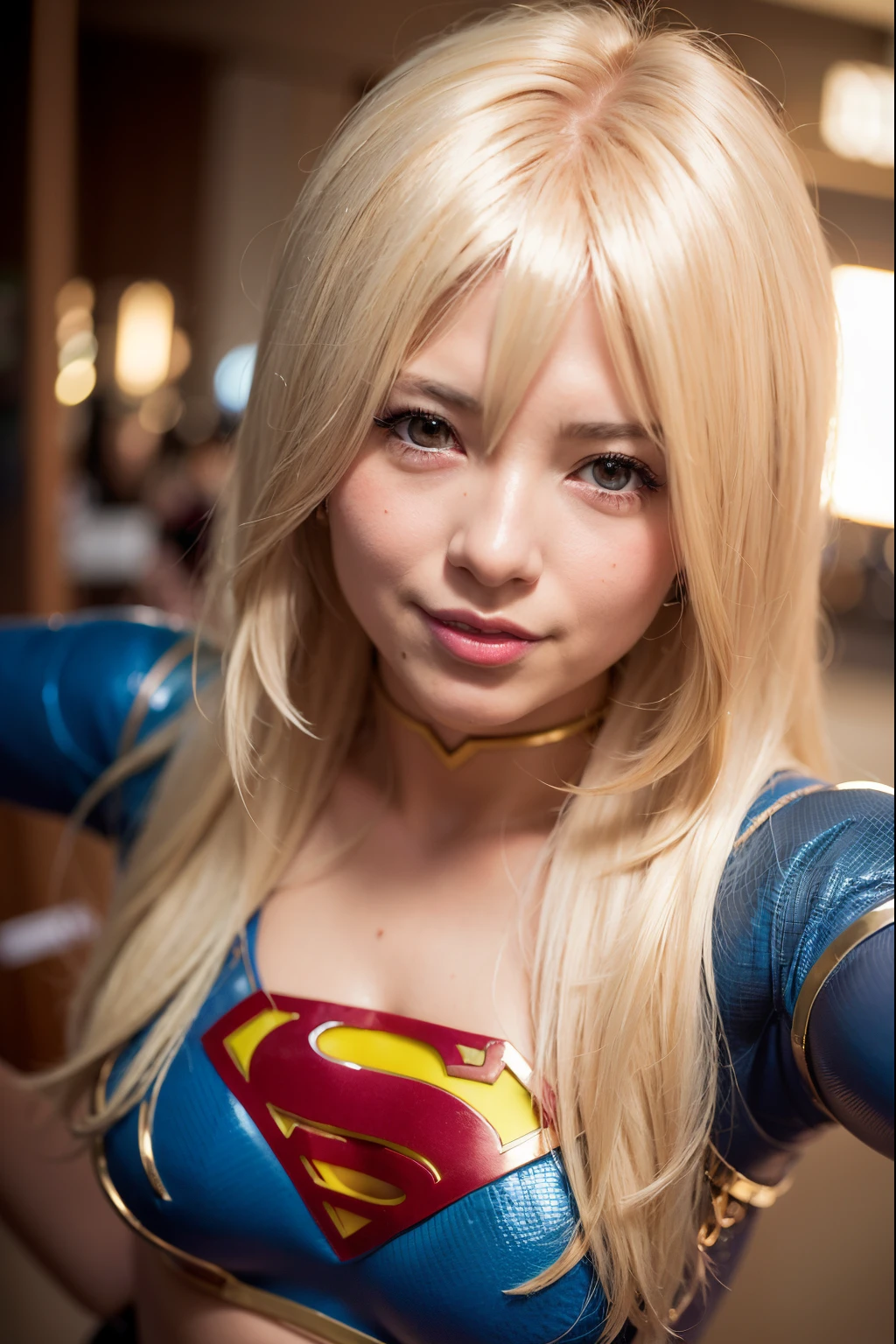 Sad 😢 araffe woman dressed as a supergirl posing for a picture, supergirl, closeup shot, cosplay photo, 8k artgerm bokeh, artgerm moody photography, closeup portrait shot, realistic cosplay, anime girl cosplay, portrait of a female anime hero, cosplayer, closeup photo at nyc comicon, full-cosplay, publicity cosplay, professional cosplay, closeup photo