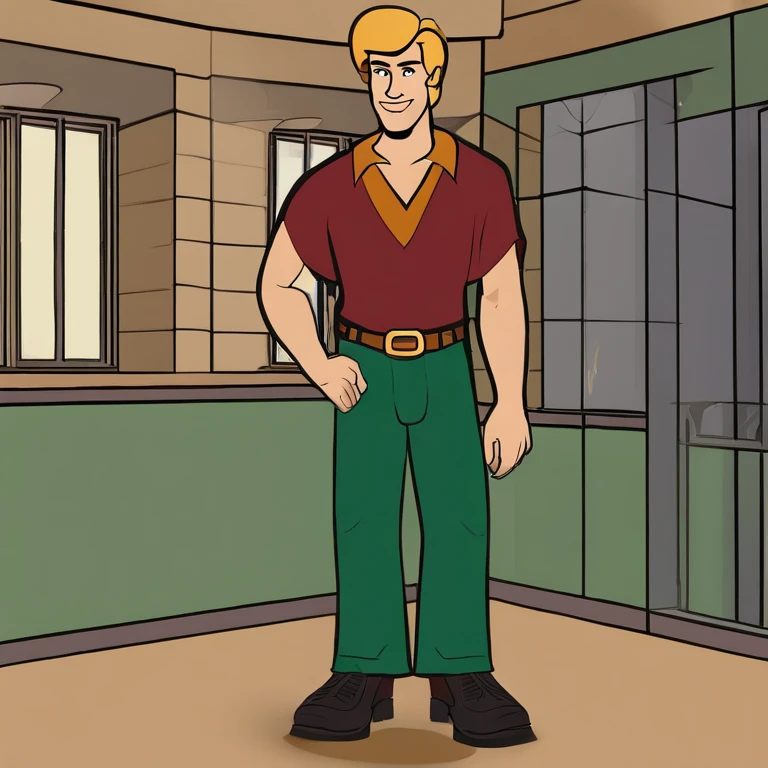 He is a young man with a rough, patchy goatee. His signature attire consists of a baggy green V-neck T-shirt, loose maroon or brown bell-bottom pants, and black shoes.

He is tall and thin with dirty blonde hair. He is not muscular. ,Scooby-Doo, Where Are You!,He is a young man with a rough, patchy goatee. His signature attire consists of a baggy green V-neck T-shirt, loose maroon or brown bell-bottom pants, and black shoes.

He is tall and thin with dirty blonde hair. He is not muscular. ,face,photo