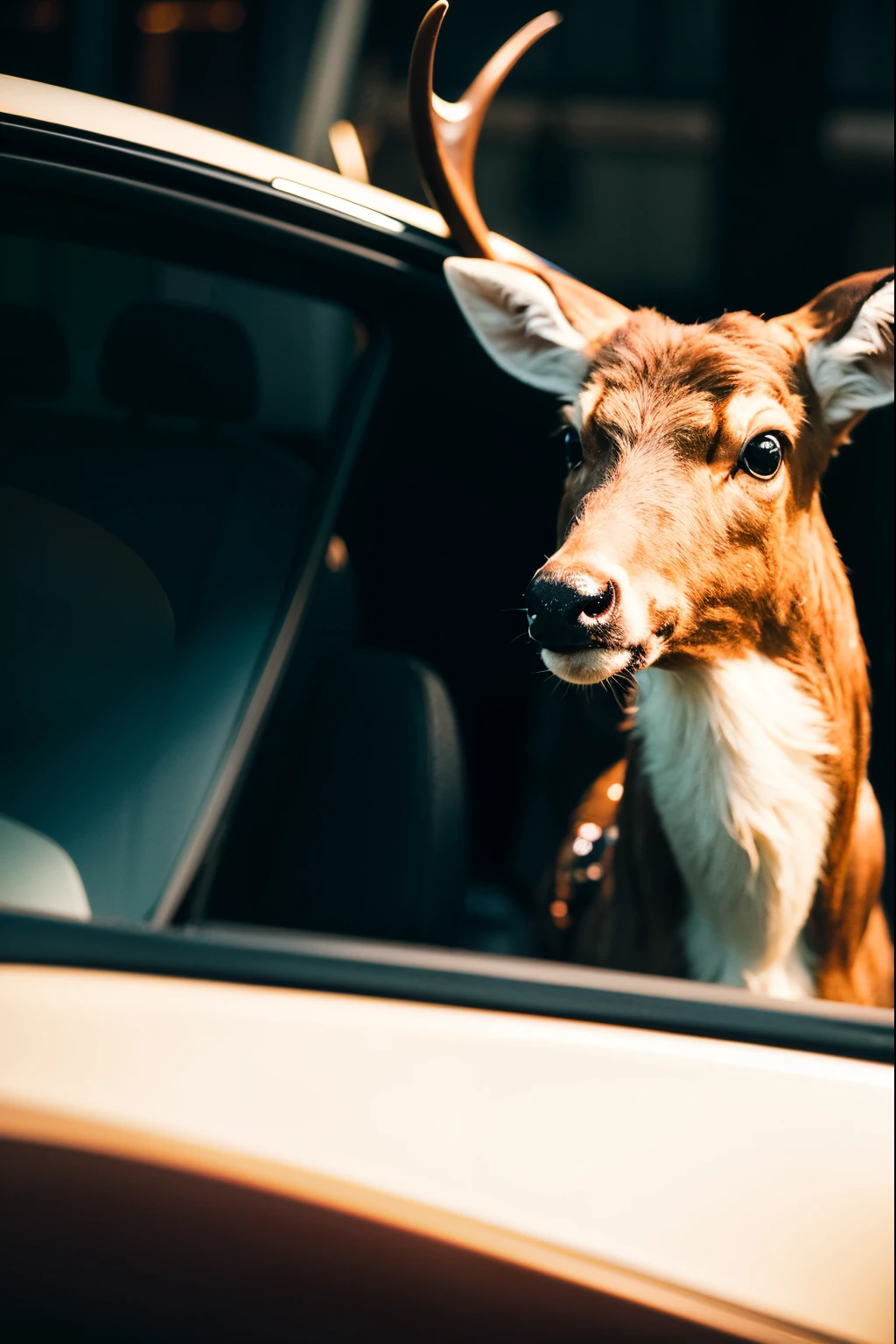 Car headlights shining on a deer through the window of a car