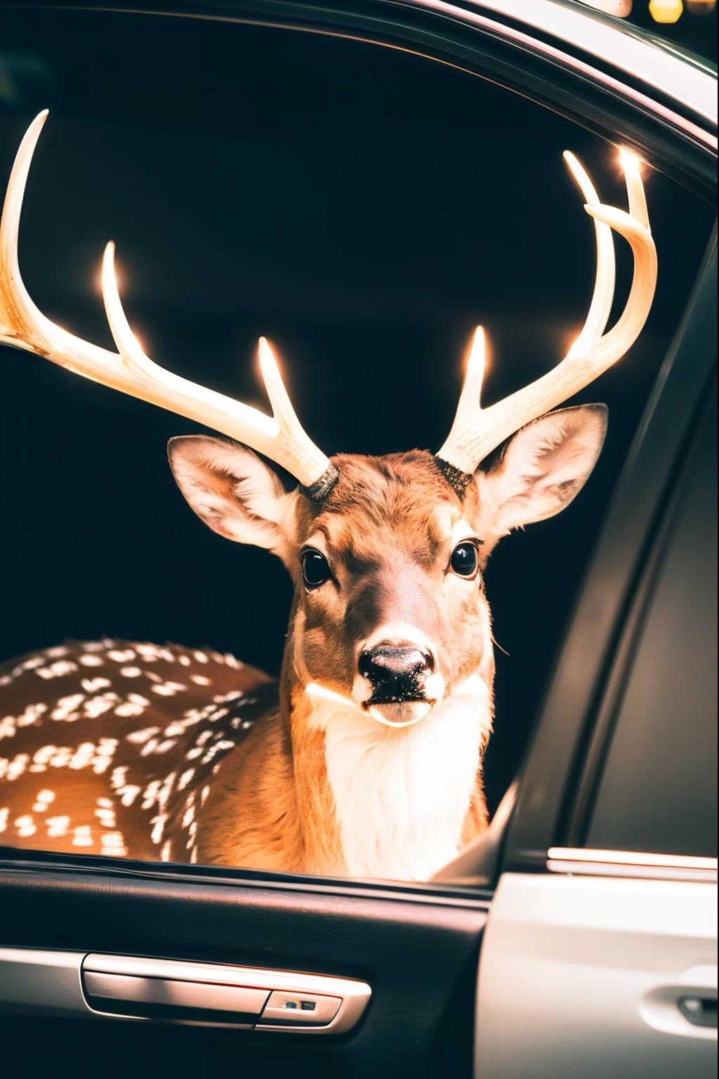 Car headlights shining on a deer through the window of a car