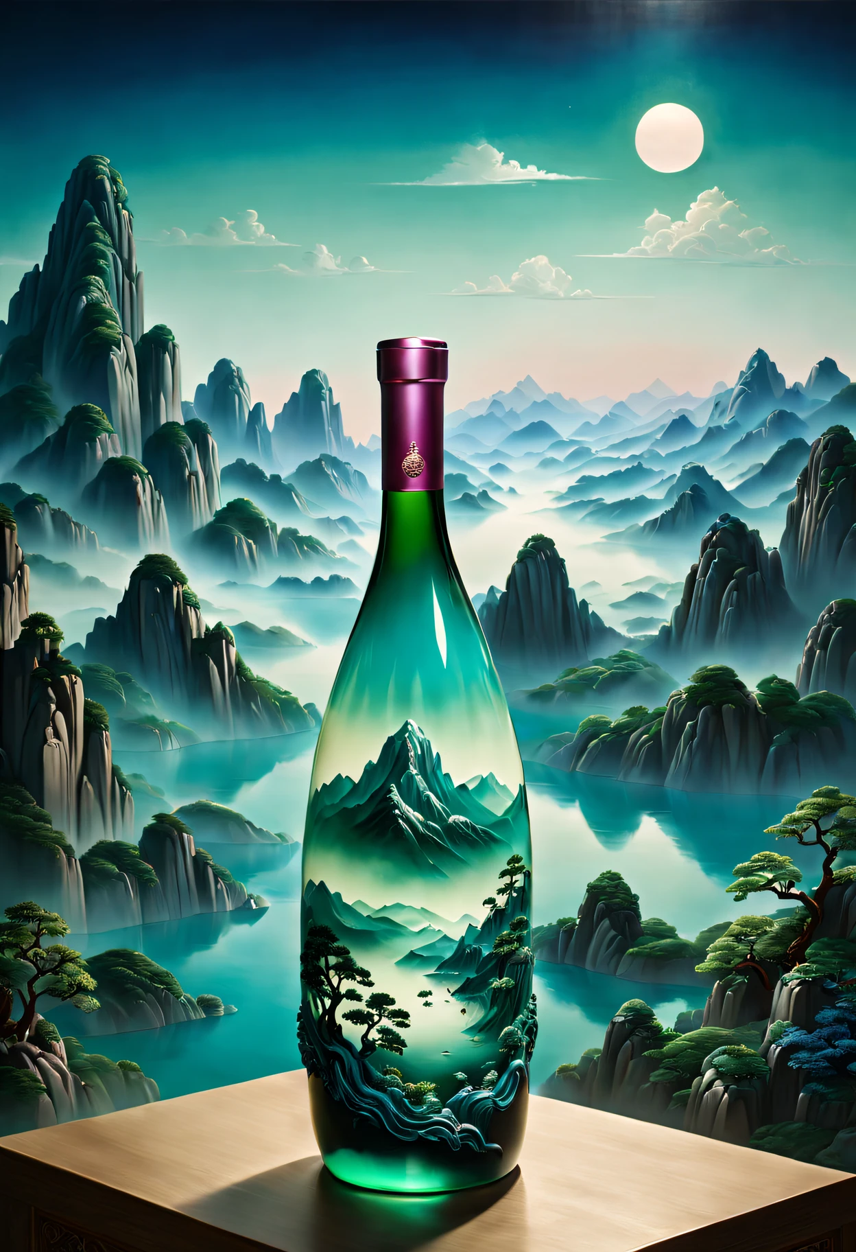 \(conceptual design\),(transparent jade wine bottle:1.5),Wine bottles with artwork on one side and the other,Pictures of mountain views above, beautiful glass work, beautiful intricate glass bottle, Inspired by Ma Yuan, Beautiful and detailed scenes, Stunning and rich in detail, Stunning detailed pictures, glass paint, sand painting vase, Resin art, acrylic art, Detailed acrylic, Glass painting, inspired by Tang Yin, Surreal 3D landscape style, light indigo and silver, Chinese traditional, Miniature lighting, Dao Zhongle, photorealistic imitation, sculpted, Chinese traditional landscape painting, sculpted, Vladimir Kush, Deep sky blue and silver style, Surreal 3D landscape, sculpted, carefully designed, Fairytale, fantasy landscape style, Light silver and dark blue, Colorful wood carvings, Highly realistic, mountain scene, carefully designed, Dark pink and light aquamarine color