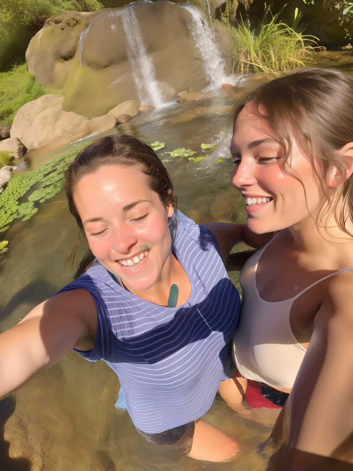 there are two women standing next to each other in the water, with wet faces!!, photo taken in 2 0 2 0, very very low quality picture, pov photo, having fun in the sun, next to a waterfall, annoying sister vibes, magali villeneuve and monet, in a pond, sparkling in the flowing creek, accidentally taking a selfie, profile image