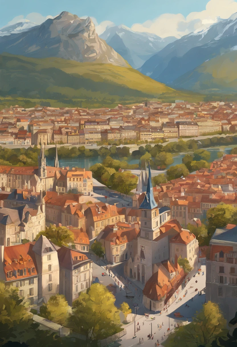 Illustration de dessin animé inspirée de Disney: quartier de grenoble ville olympique. cerceuil au milieu de la pièce
