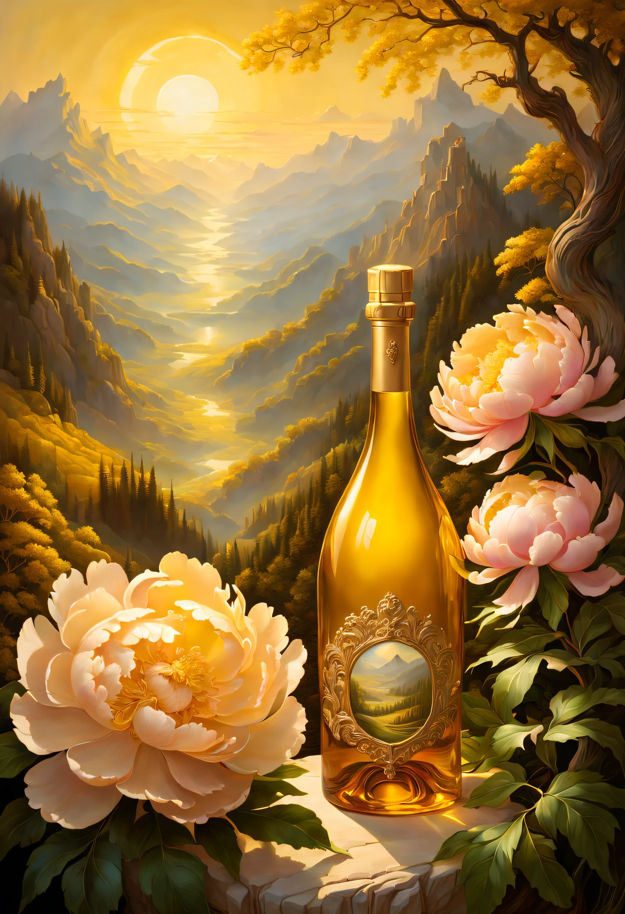 a wine bottle of clear glass with a scene of a blooming peonies, in the style of dark yellow and light gold, realistic sculptures, mountainous vistas, enchanting lighting, carving, sam guay, rococo art and design, in the style of realistic landscapes with soft, tonal colors, christophe vacher, photorealistic detail, carving, in the style of delicately rendered landscapes, light gold and light amber, organic sculptures, mountainous vistas, enchanting lighting, mesmerizing colorscapes,, beautiful intricate glass bottle, masterful intricate artwork, hyper real oil painting, made of glowing wax and ceramic, stunning and rich detail, hyperdetailed oil painting, superb detail 8 k masterpiece, hyperrealistic intricate details, sand art bottle, hyperdetailed painting, in the style of surreal 3d landscapes, light gold and yellow, exquisite lighting, mountainous vistas, layered translucency, realistic usage of light and color, ethereal trees