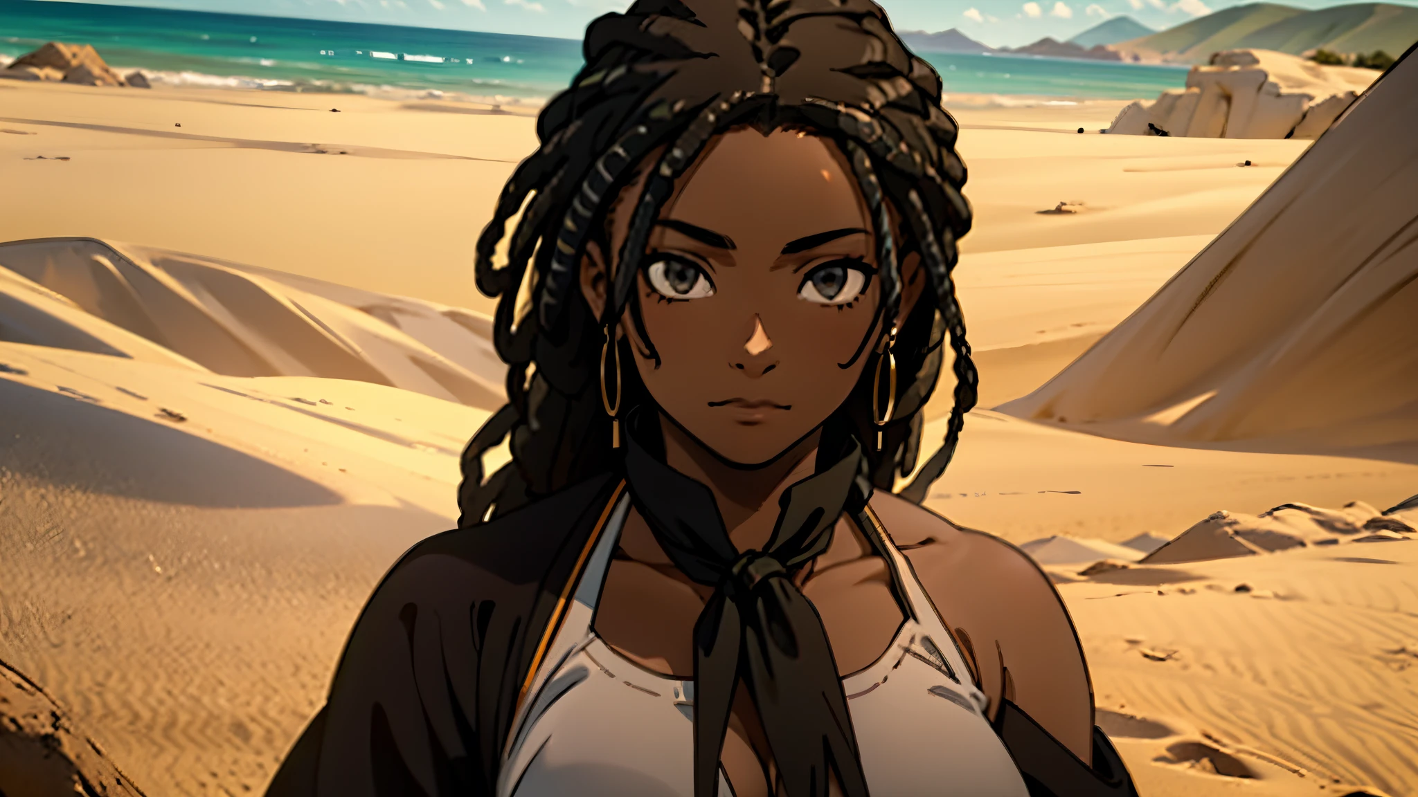 (melhor qualidade), estilo anime, mulher negra, pele muito nega, Linda, anatomia perfeita, corpo perfeito,(com cabelos brancos), cabelos muito volumosos, Dreadlocks, dreadslocks , Dreadlocks, Dreadlocks , Dreadlocks, Dreadlocks, Dreadlocks, Dreadlocks,wearing a desert tunic, neck scarves, missangas douradas, fundo do deserto com muita areia, beautiful girl.