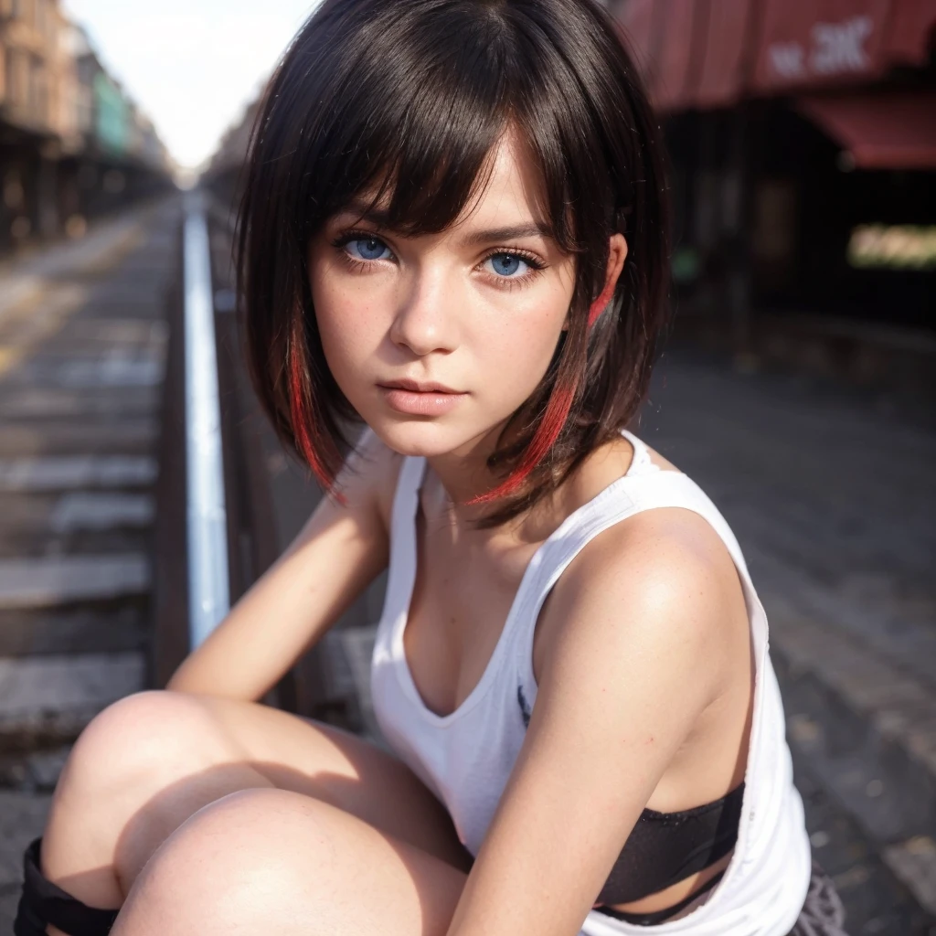 (best quality,Realistic:1.2), ultra-detalhado, Menina, vivid colors, fotorrealista, cabelo preto com pontas vermelhas, serious expression with expressive look
, Olhos azuis claros, cores muito vivas, corpo atletico