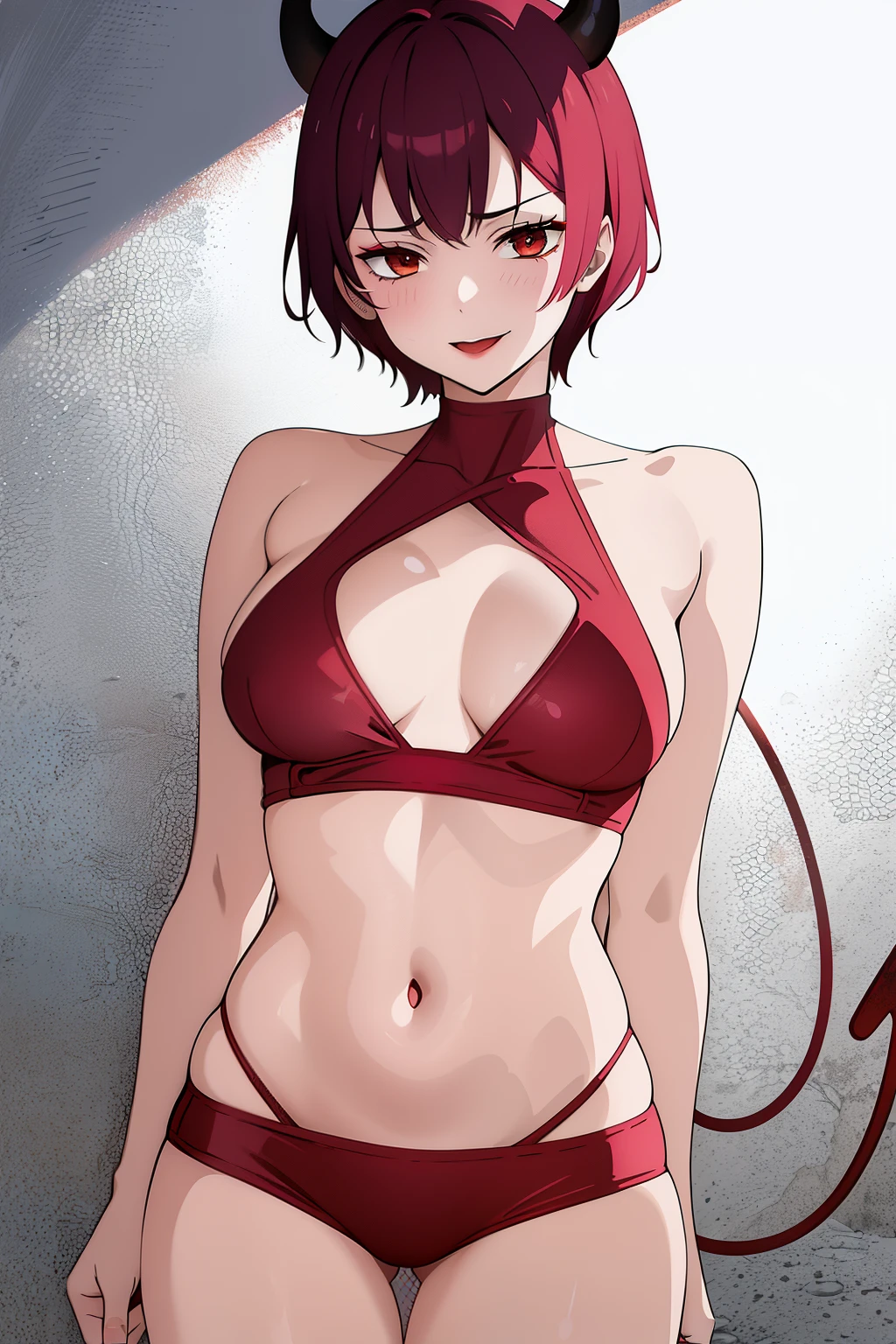 cute girl, A girl in the form of a devil, Devil horns, devil tail, red color, short hair, Red tight clothes، adult girl,Devil smile, Big chest, so sexy, hot, fire, Fiery colors, lipstick, beautiful girl