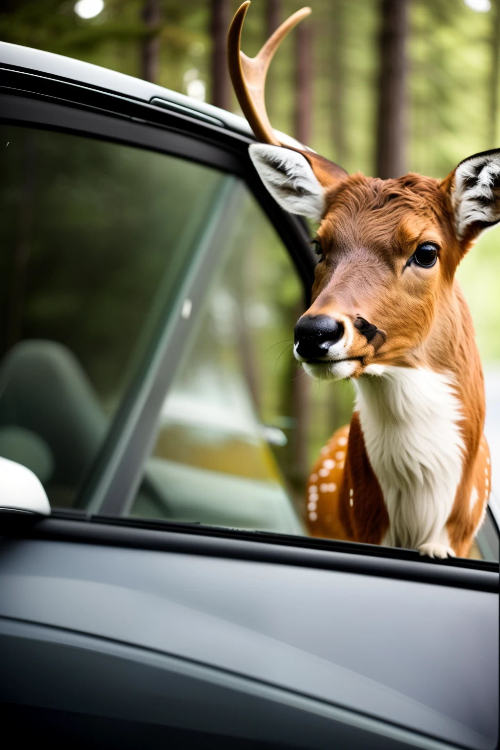 Shattered window, there is a deer that is looking out of a car window, by Matthias Weischer, 🦑 design, an anthropomorphic deer, closeup portrait shot, deer portrait, by Alexander Bogen, anthropomorphic deer, by Thomas Bock, deers, shot on sony a 7 iii, watery doe eyes, closeup shot, by Thomas Häfner