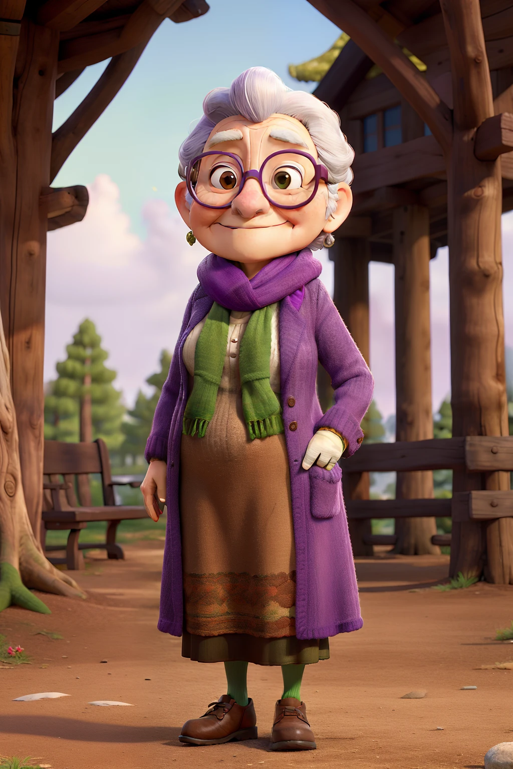 masterpiece, best quality, an old woman with glasses and a scarf on, wearing a purple coat and green scarf, standing at the park