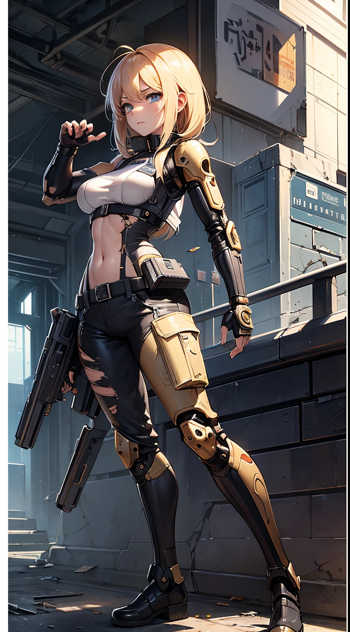 masterpiece, high quality, detailed art, concept art, character concept, Nikke, goddess of victory character, (battle android model), female character android, (wearing [military|elegant|sexy:0.33] future outfit uniform with straps and accessories, cargo pants, military vest), (holding weapon), action pose, battle damage, (visible (damaged parts:1.35) of (characters android body:1.3):1.15), (wallpaper, screensaver)