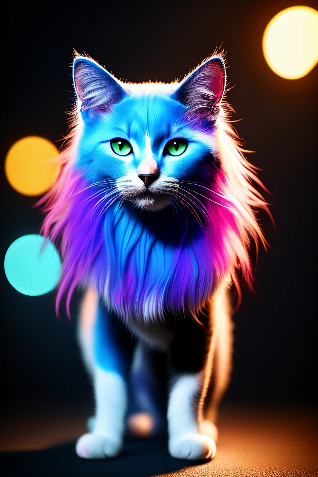 painting of a cat with a purple mane and a blue mane, realistic cat, glossy digital photoshot, made entirely from gradients, neon hooves, gorgeous digital photografy, pearlescent fur, holographic, stunning digital painting, background artwork, beautiful digital painting, beautiful cat, iridescent. fantasy, illustration iridescent, holographic creature