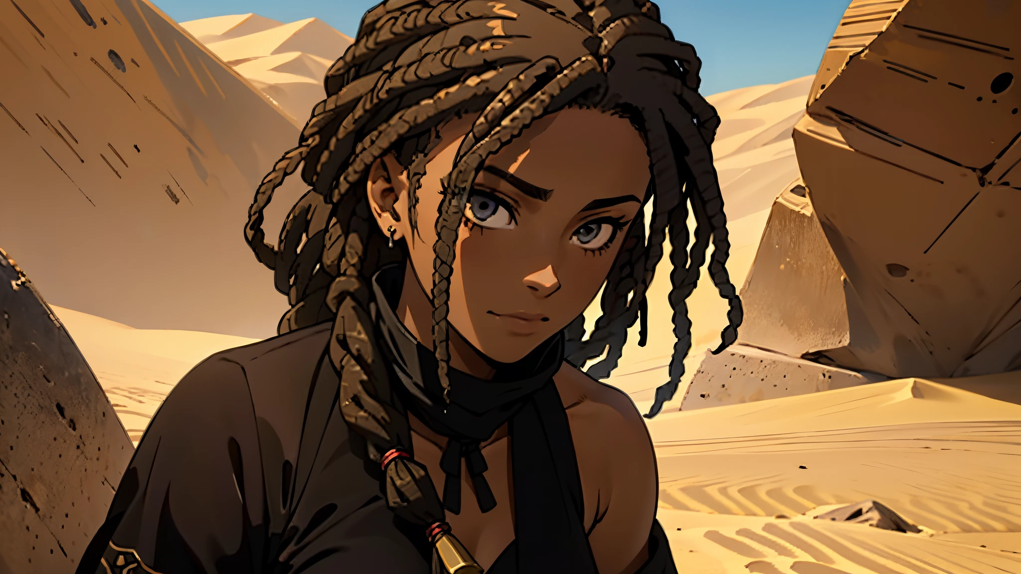 (melhor qualidade), estilo anime, mulher negra, pele muito nega, Linda, anatomia perfeita, corpo perfeito,(com cabelos brancos), cabelos muito volumosos, Dreadlocks, dreadslocks , Dreadlocks, Dreadlocks , Dreadlocks, Dreadlocks, Dreadlocks, Dreadlocks,wearing a desert tunic, neck scarves, missangas douradas, fundo do deserto com muita areia, beautiful girl.