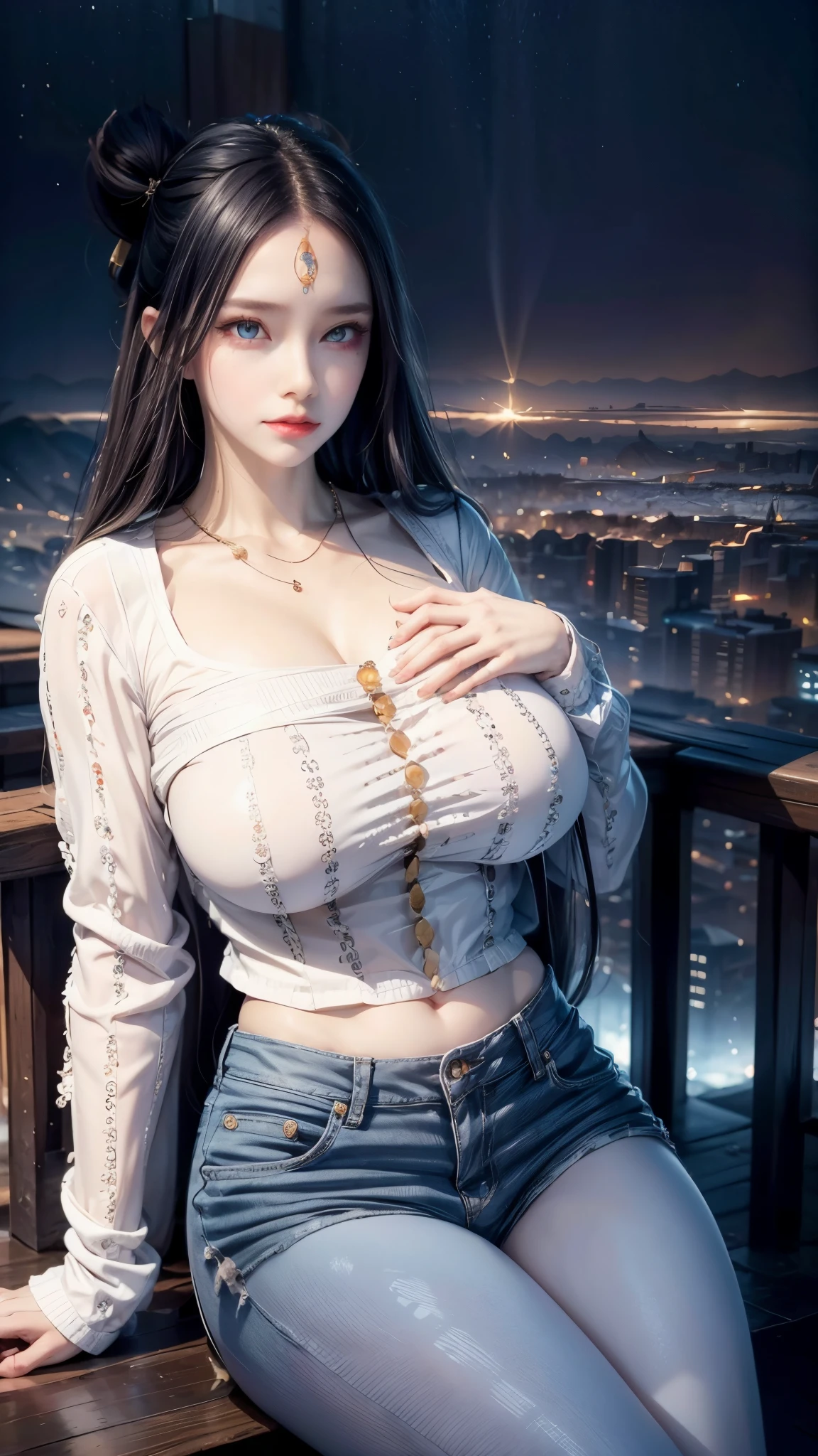realistic, 1girls, best quality, 12k, HD, long hair, big round breasts, cleavage, ponytail, necklace, jewelry, shorts, short jacket, slim hips, hair tie, yellow eyes, black hair, super detailed, Detail eyes, hair details, person details, mouth details, face details, breast details, clothes details, hair details, pants details, hand details, whole body