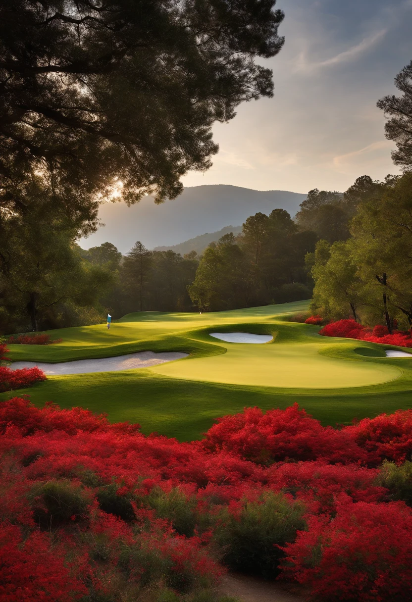 A photo of a peaceful mountain retreat,original,Tiger Woods, the famous golfer, is known for his athletic build and his focused, intense demeanor on the golf course, often clad in his trademark red shirt and black cap during tournaments. His appearance, combining a sportsman’s poise with a celebrity’s polish, has made him an iconic figure in the world of golf.