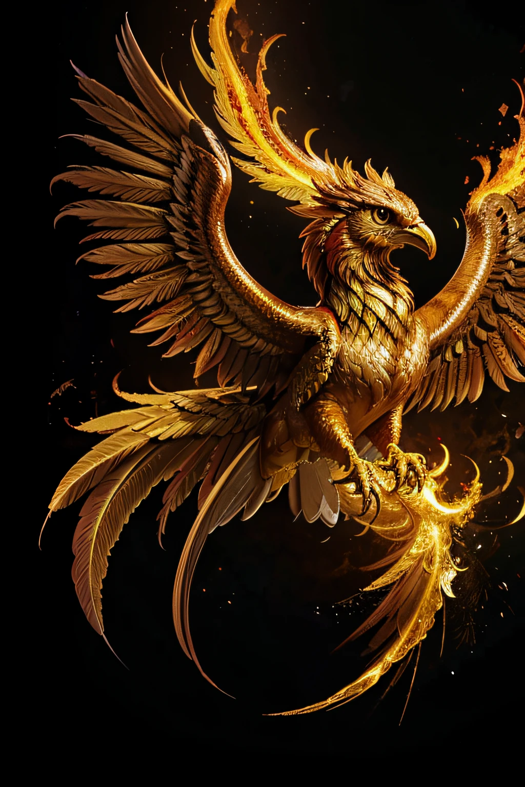 A golden bird with wings on a black background, phoenix rising, phoenix rising from the ashes, ''wallpaper of a phoenix, artwork of a phoenix, phoenix, phoenix warrior, the phoenix, The Phoenix Resting, phoenix in fire, phoenix flames, Phoenix Dragon, phoenix-inspired, Fiery bird, com um fundo escuro preto, Marco, the phoenix