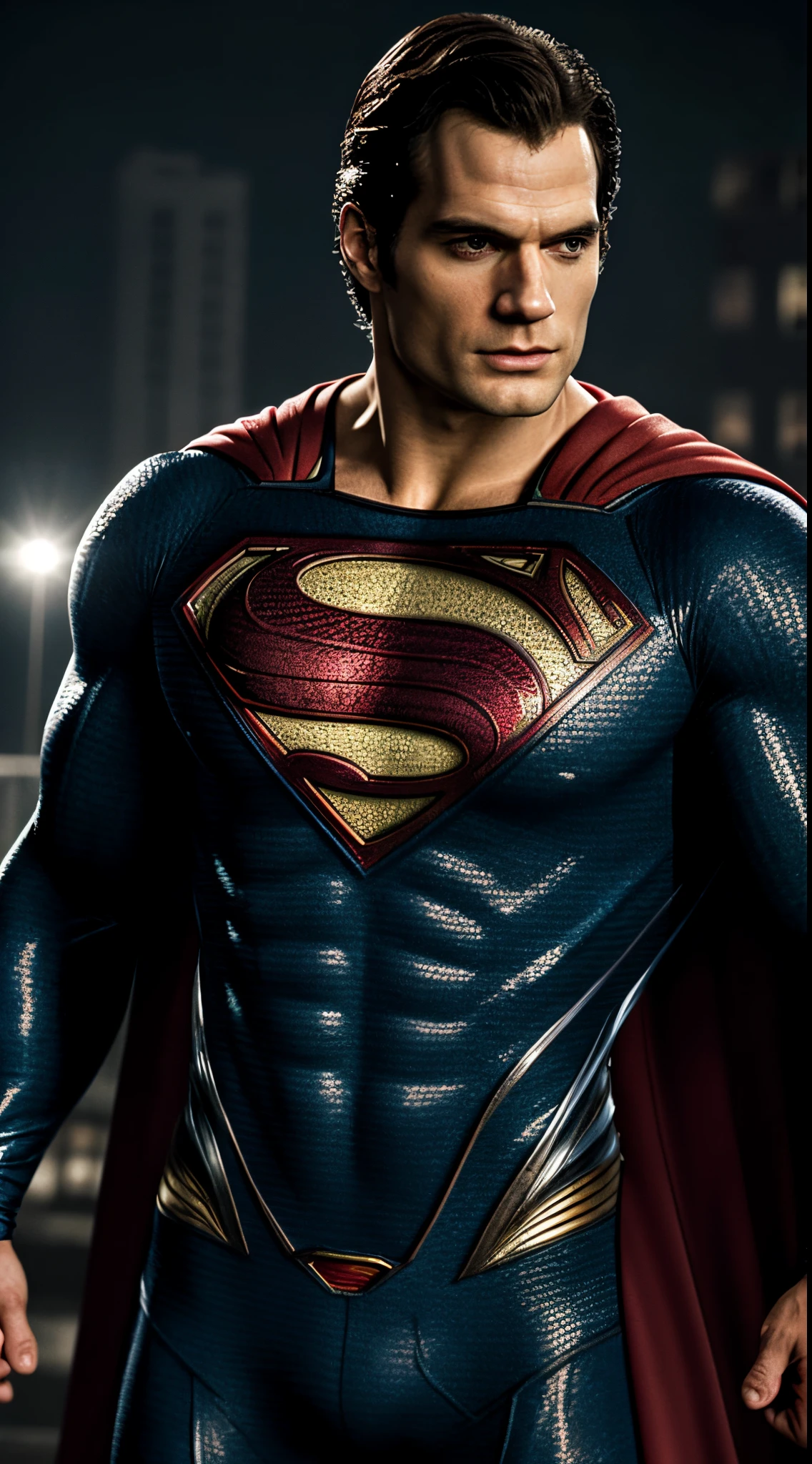 Superman, Henry Cavill as Superman, macho, tall, hunk, muscular, Superman suit, intricate details on the suit, best quality, masterpiece, serious face, ultra detailed suit, detailed face, powerful pose,  best quality, high resolution:1.2, night, dark atmosphere, flowing cape, award winning, shadow, volumetric lighting