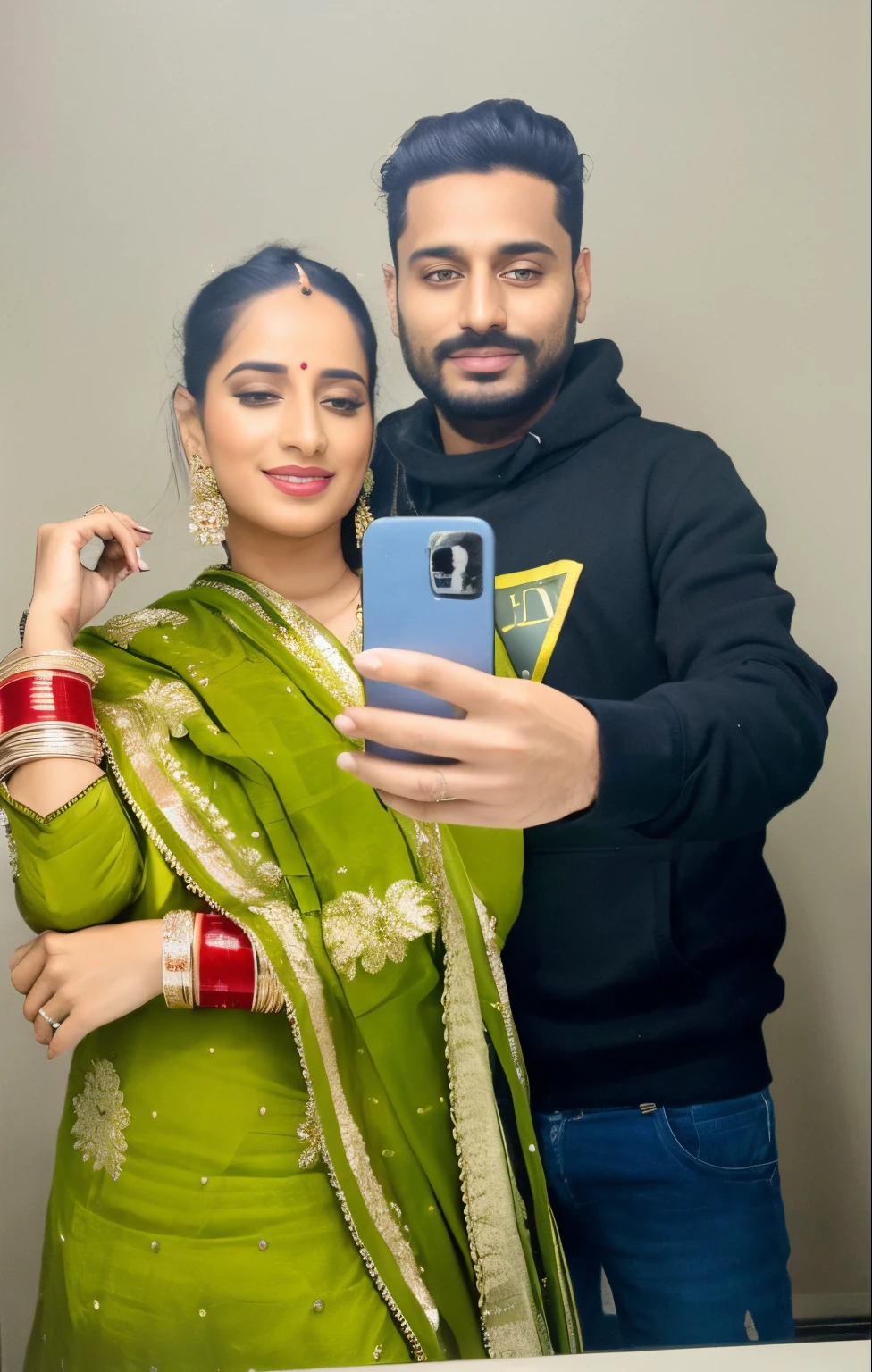 there is a man and woman taking a selfie in a mirror, by Manjit Bawa, inspired by Manjit Bawa, profile image, 8k selfie photograph, profile pic, profile picture, very very low quality picture, in love selfie, portait photo profile picture, 🤬 🤮 💕 🎀, lovely couple, facebook post, profile photo, selfie photography