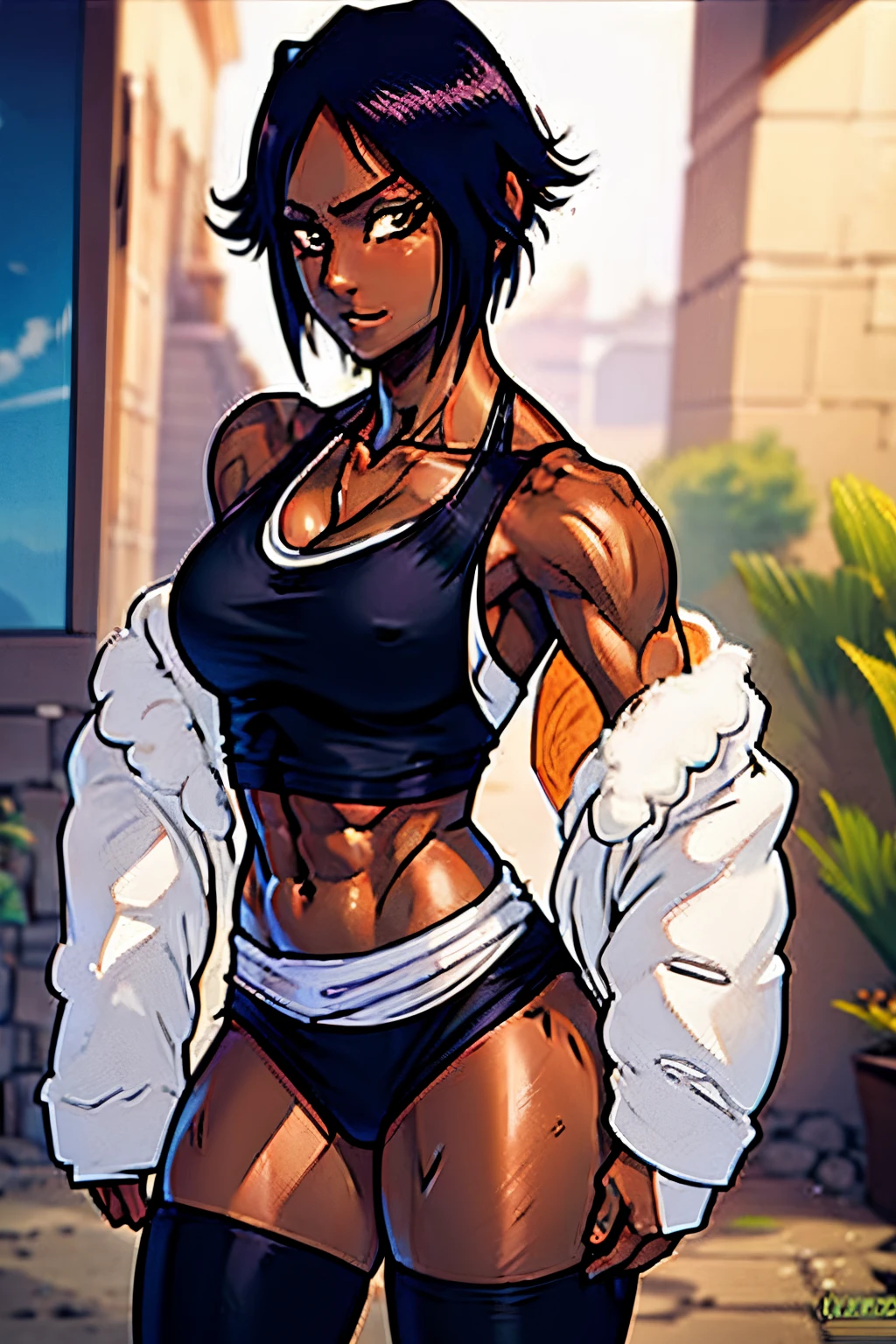 Lara Croft, Revy, Yoruichi Shihoin, cleavage, 25yo woman, hazel eyes, very tan skin, tight booty shorts, black tank top, short hair, black hair, determined smile, Filipino, beautiful woman, hourglass figure, solo mature woman, strong muscular woman, masterpiece, intricate detail, perfect anatomy, beautiful and aesthetic, beautiful, best quality, muscular thighs, anatomically correct, small breasts, ultra detailed, realistic