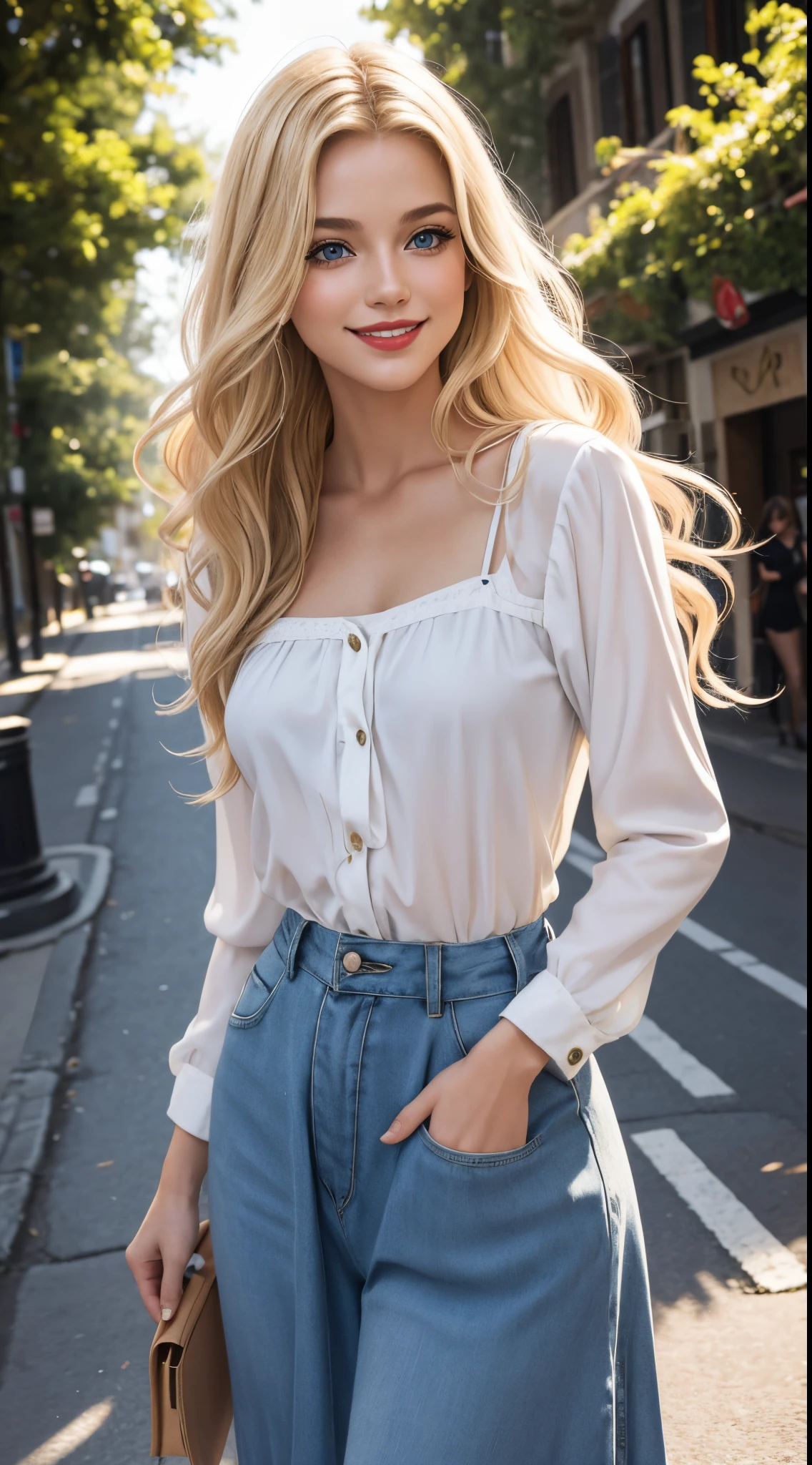 a young blonde with blue eyes and wavy hair down to her waist, ela esta em uma rua movimentada, a luz do sol ilumina seus cabelos, She has red lipstick on her lips, com roupas leves e bonitas, com riqueza de detalhes, melhor fotografia, obra prima, luz cinematografica, sorridente, feliz,