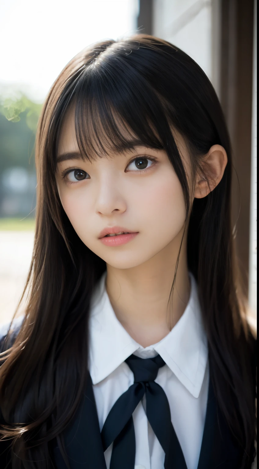 ((top-quality、Drawn details)、(full body photographed、to stand)、(tilt your head)、shot from a side angle、-yeld hischool girl、Super beautiful shape、Dark blue blazer uniform、darkblue miniskirt、white shirt、Ribbon Ties、Black Haired Beautiful Girl、black hair shorthair、Secure your hair with white hairpins、Show ears、
