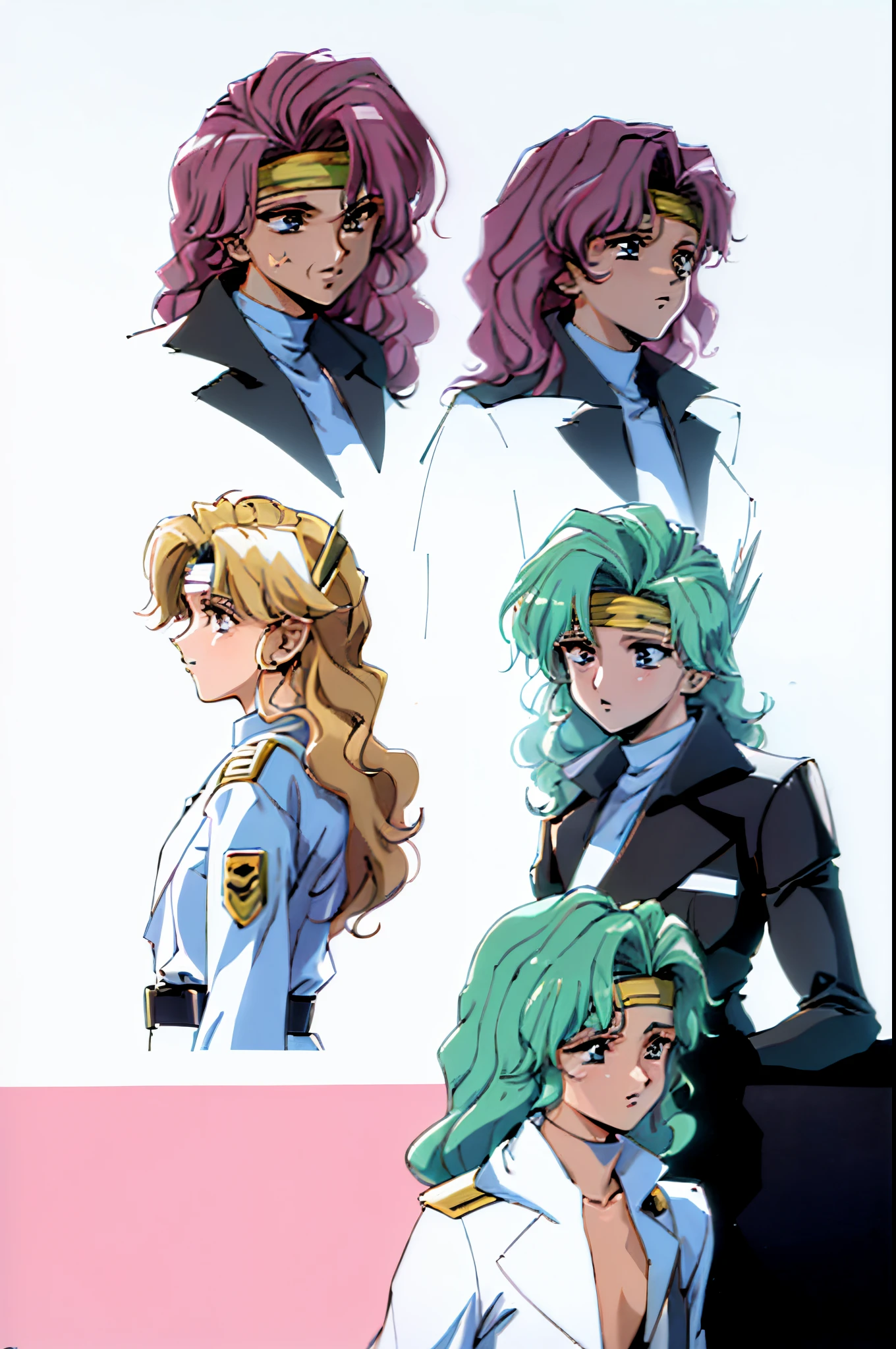same anime characters with different expressions, style of macross, jojo anime style, robotech styling,retro artstyle,urushihara satoshi, 1980's anime style, character designs,highly detailed,flat color,best quality,masterpiece,dept of field,urushihara satoshi,1girl,full body,1980s \(style\),80s anime, ,((masterpiece)),(((best quality))),(character design sheet,same character,front,side,back), 1girl, solo,ear gear,blonde curly long hair,long coat jacket,,strong leadership character,she is commander,military jacket,retro artstyle,masterpiece,bestquality,top quality,ultra highly , concept art, character sheet, (simple background, white background: 1.3),(black outfit:1.4),head band,asian eyes,beautiful eyes,best shadow,(((sharp eyes))),upper body,(girl:1.3),same character,