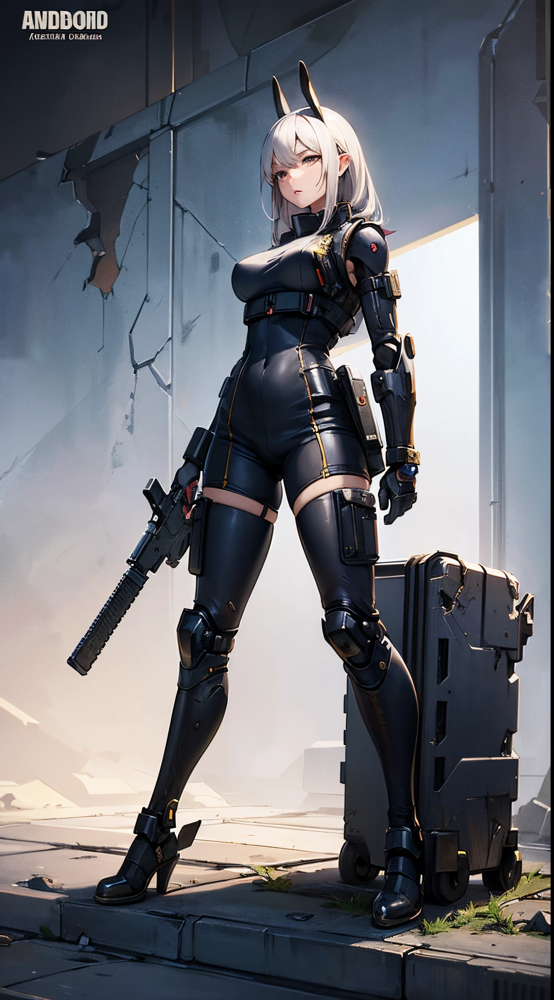 masterpiece, high quality, detailed art, concept art, character concept, Nikke, goddess of victory character, (battle android model), female character android, (wearing [military|elegant|sexy:0.33] future outfit uniform with straps and accessories, cargo pants, military vest), (holding weapon), action pose, battle damage, (visible (damaged parts:1.35) of (characters android body:1.3):1.15), (wallpaper, screensaver)