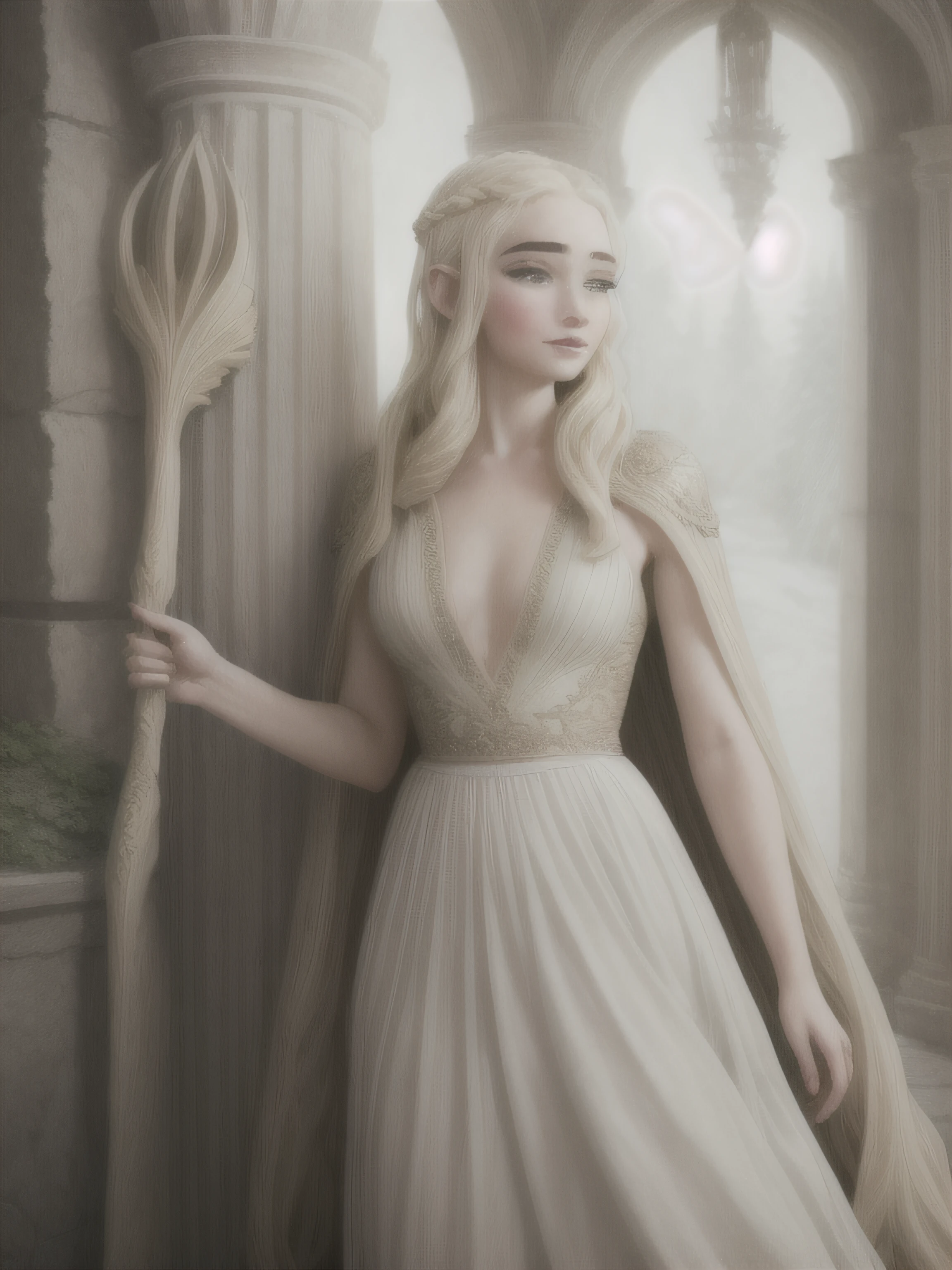 blonde girl in white dress smiling, pixie, Elf Girl, elf princess, priestess in a white dress, girl in the palace, forest palace, luxurious columns, arch, girl in the palace, There is a woman in a dress, Holding pole, daenerys targaryen, Daenerys, inspired by Magali Villeneuve, inspired by Elmyr de Hory, Blonde Elven Empress, Game of Thrones style, Fan art, pixie, Wood Elf, woman in the palace, palace, Sunny weather, palace in the forest, woman walking through the palace
