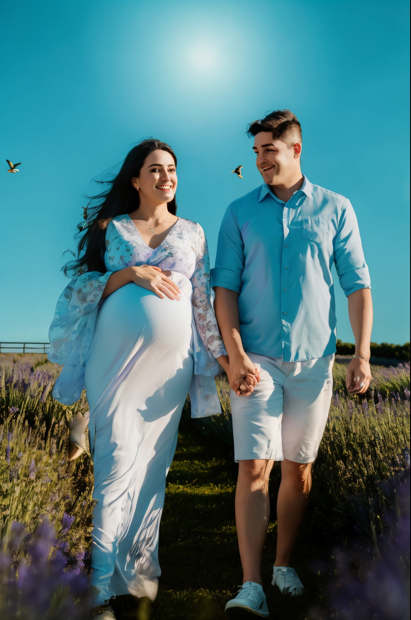 pregnant couple walking in a lavender field with birds flying, fotografia materna 4K, gravidez, foto retratoHomem e mulher caminhando juntos, Couple walking hand in hand, estilo Disney Pixar 3d