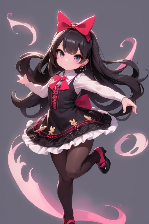 a cute girl smiling, wearing a lace cloth dress, black hair, red smokey eyes makeup, hair bow, white tights, pumps, choke, earrings, dramatic magic floating pose, (full body),