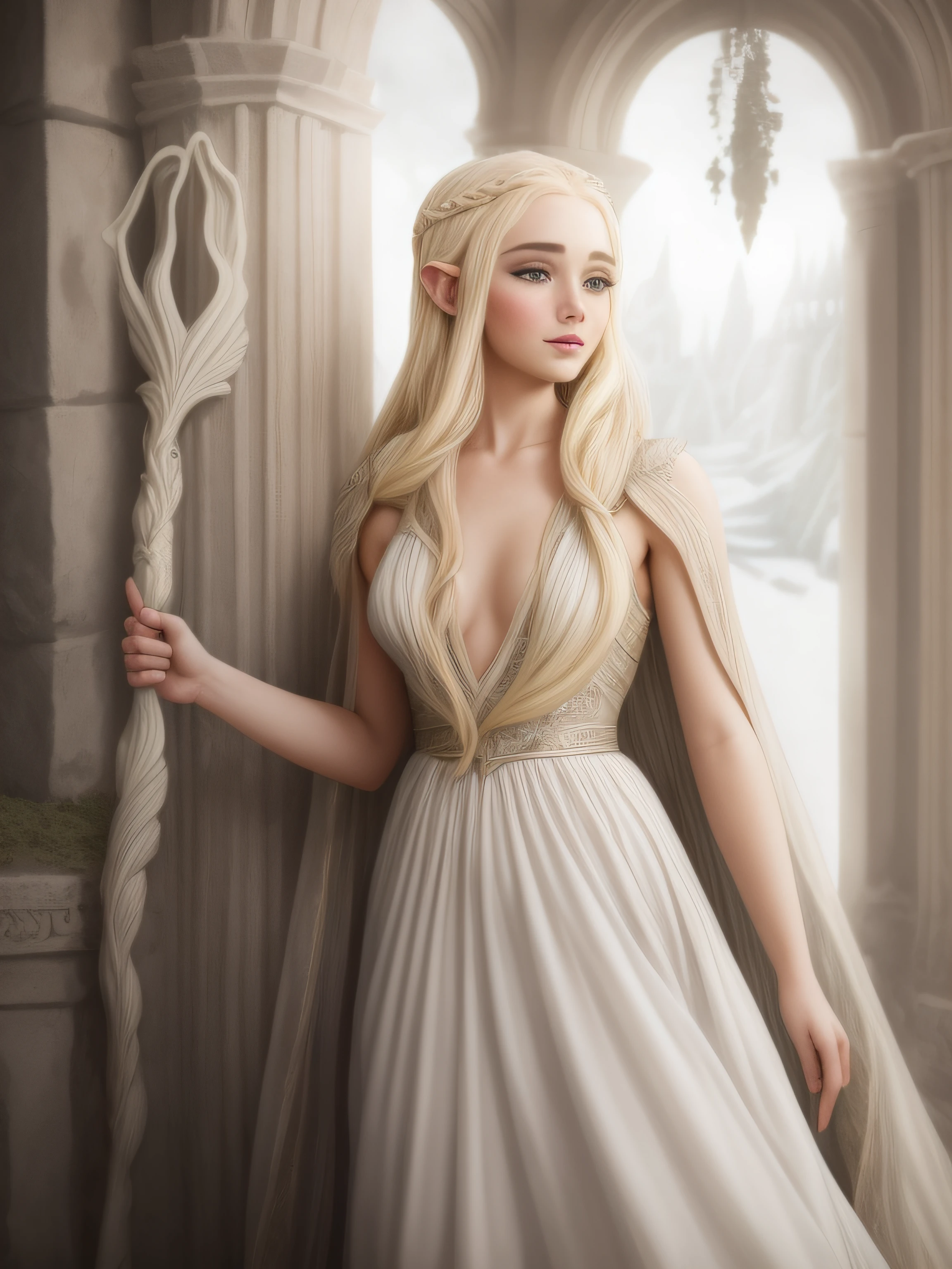 blonde girl in white dress smiling, pixie, Elf Girl, elf princess, priestess in a white dress, girl in the palace, forest palace, luxurious columns, arch, girl in the palace, There is a woman in a dress, Holding pole, daenerys targaryen, Daenerys, inspired by Magali Villeneuve, inspired by Elmyr de Hory, Blonde Elven Empress, Game of Thrones style, Fan art, pixie, Wood Elf, woman in the palace, palace, Sunny weather, palace in the forest, woman walking through the palace