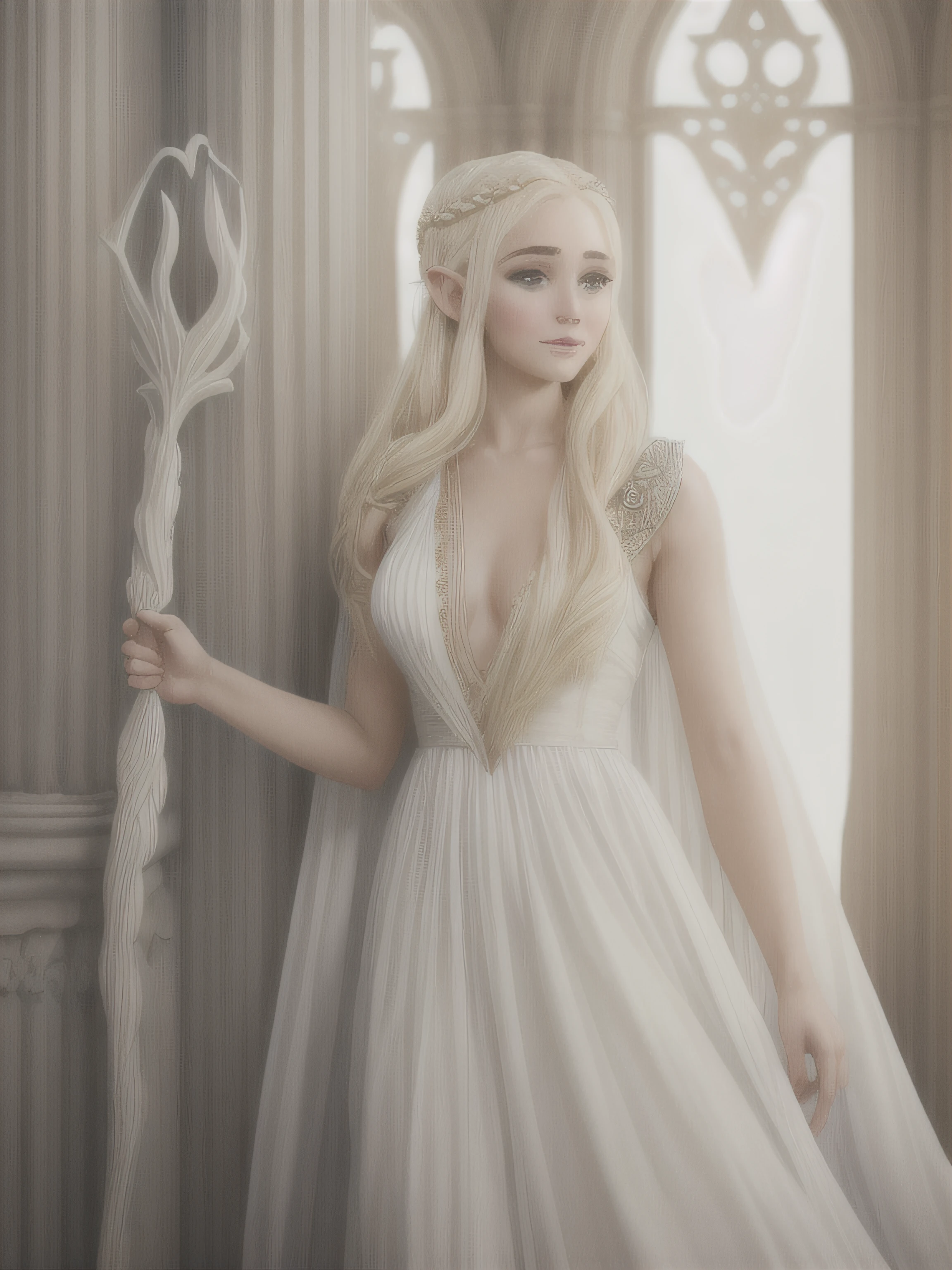 blonde girl in white dress smiling, pixie, Elf Girl, elf princess, priestess in a white dress, girl in the palace, forest palace, luxurious columns, arch, girl in the palace, There is a woman in a dress, Holding pole, daenerys targaryen, Daenerys, inspired by Magali Villeneuve, inspired by Elmyr de Hory, Blonde Elven Empress, Game of Thrones style, Fan art, pixie, Wood Elf, woman in the palace, palace, Sunny weather, palace in the forest, woman walking through the palace