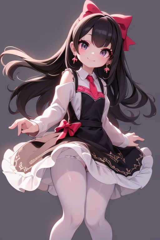 a cute girl smiling, wearing a lace cloth dress, black hair, red smokey eyes makeup, hair bow, white tights, pumps, choke, earrings, dramatic magic floating pose, (full body),
