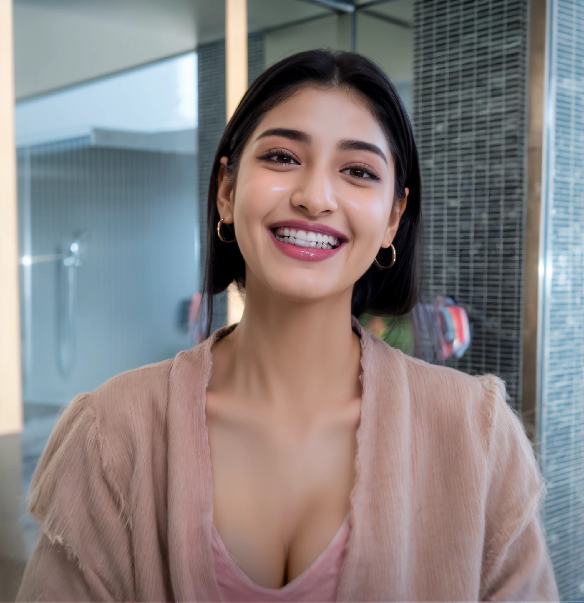 ((Ultra-high resolution)), ((Ultra-realistic)), ((8k clarity)), RAW, Pakistani girl, black long hair ,thick figure, wearing top and jeans, seductive laugh, beautiful girl,