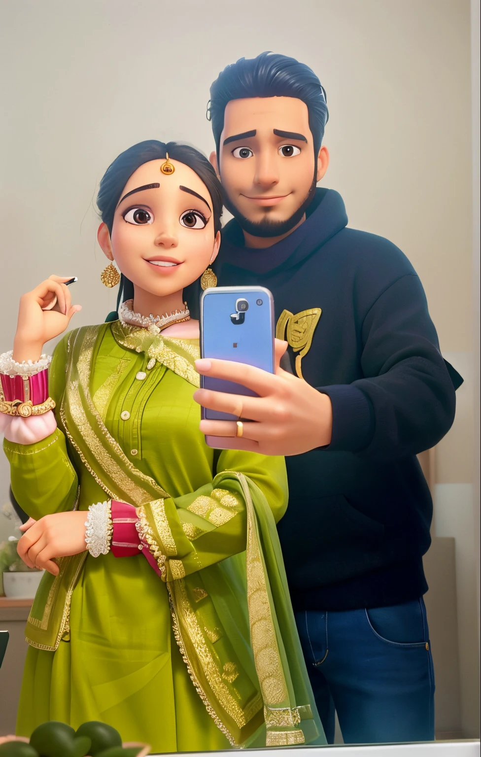 there is a man and woman taking a selfie in a mirror, by Manjit Bawa, inspired by Manjit Bawa, profile image, 8k selfie photograph, profile pic, profile picture, very very low quality picture, in love selfie, portait photo profile picture, 🤬 🤮 💕 🎀, lovely couple, facebook post, profile photo, selfie photography