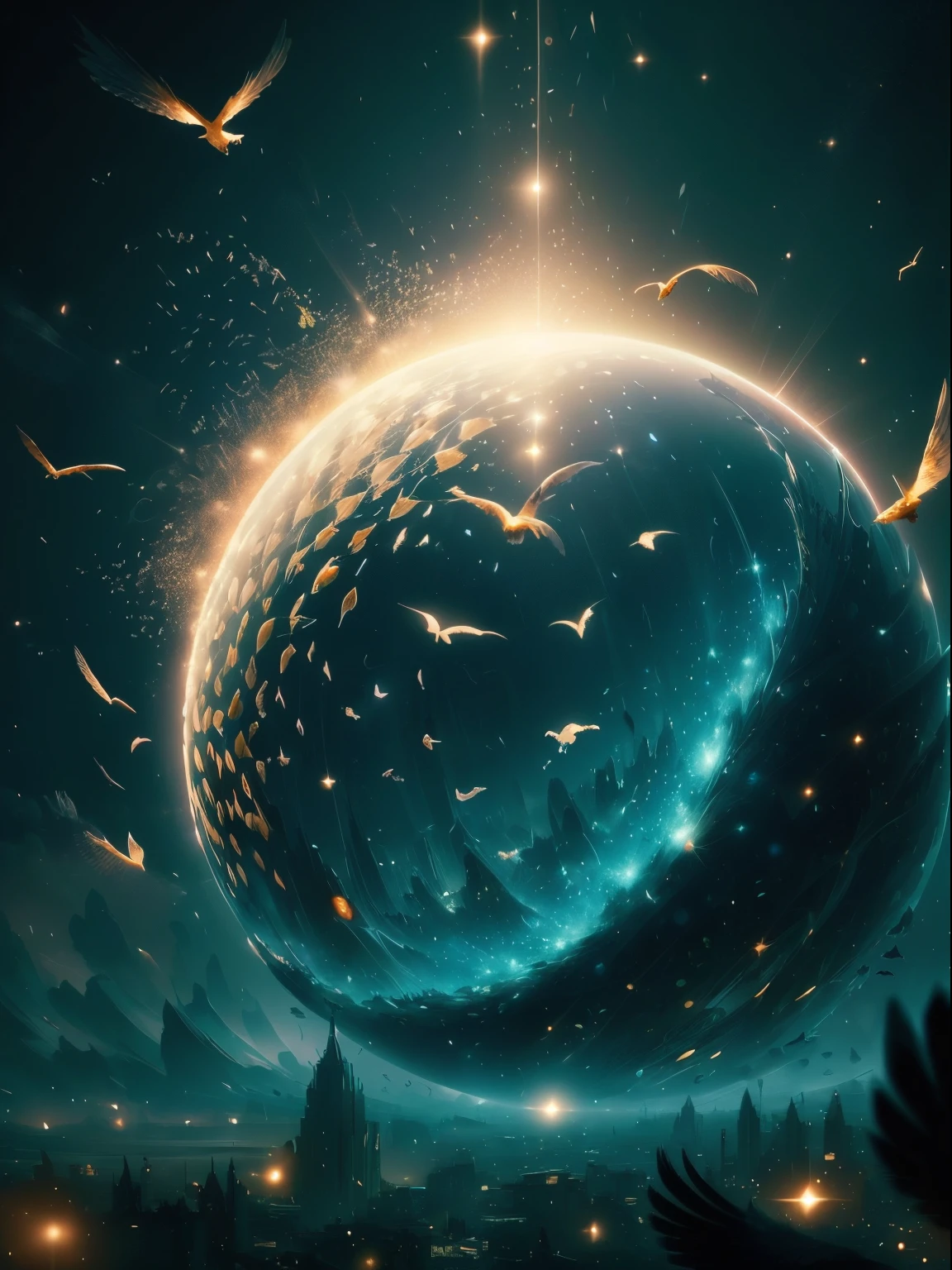 generate an illustration of a murmuration of tiny birds flying in the sky, thousands of birds swarming and swirling into a murmuration into a shape resembling a giant soaring bird, with the emotional impact of hope, harmony and emergence. No humans, masterpiece, detailed, high resolution, 8k.