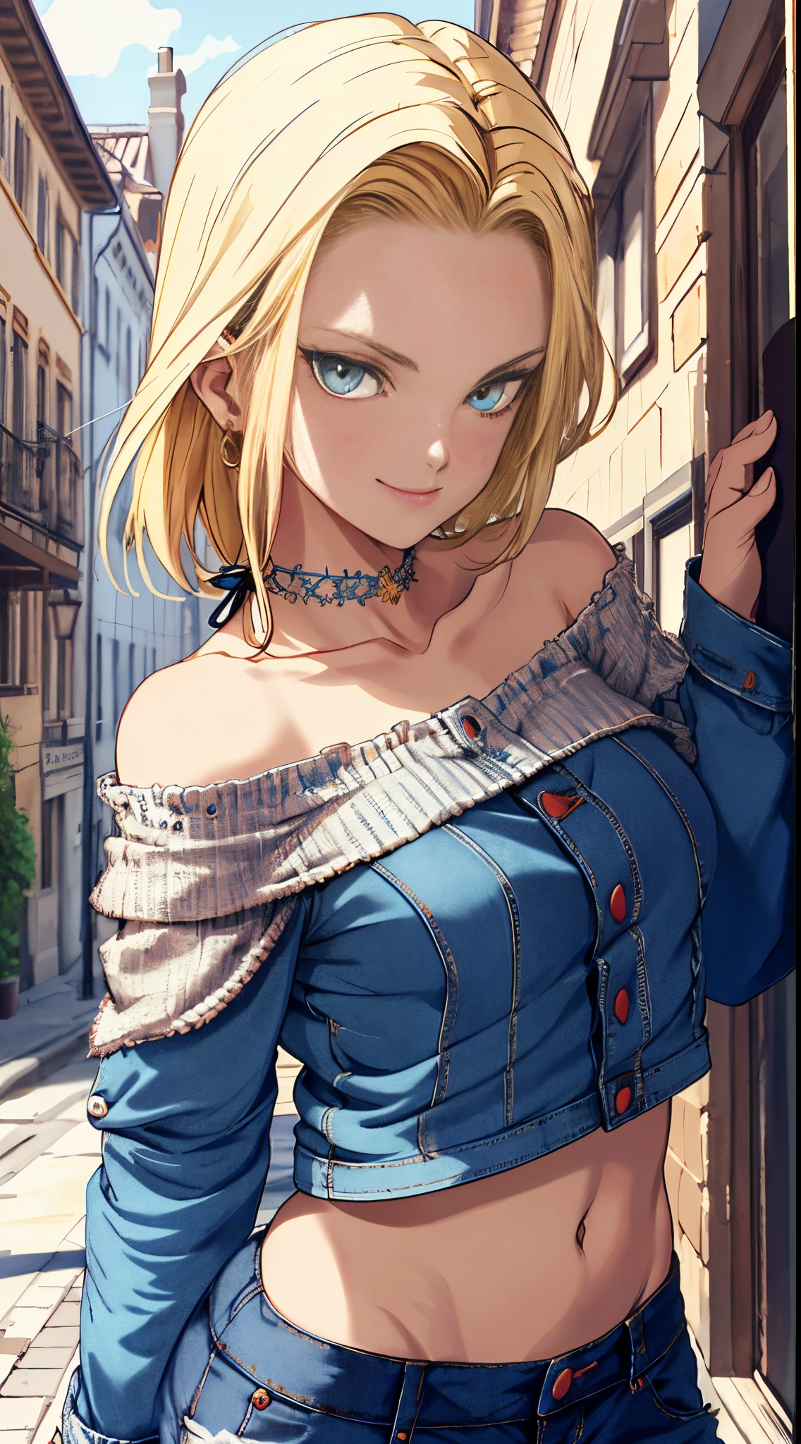 tmasterpiece， best qualtiy， ultra - detailed， absurderes， Portrait Beautiful Android 18db， 独奏， 耳Nipple Ring， (The bikini:1.5)，Underdressing，jewely， (Off-the-shoulder clothing:1.5)，cleavage， upper body closeup，ssmile， Thongs， vests， 云， Skysky， daysies， outside of house，Denim super shorts，best qualtiy， tmasterpiece， intricate detailes， tonemapping， Sharp Focus， ultra - detailed， Altstati is a trend，