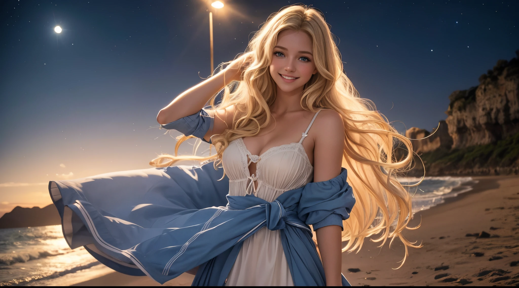 a young blonde with blue eyes and wavy hair down to her waist, ela esta em iate, it is night time, com roupas leves e bonitas, com riqueza de detalhes, melhor fotografia, obra prima, luz cinematografica, sorridente, mostrando os dentes, feliz,