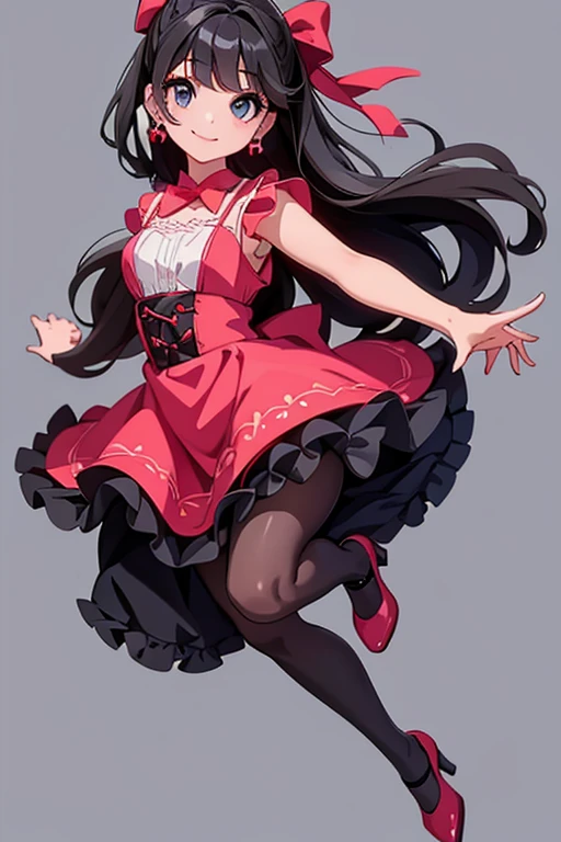 a cute girl smiling, wearing a lace cloth dress, black hair, red smokey eyes makeup, hair bow, tights, pumps, choke, earrings, dramatic magic floating pose, (full body),