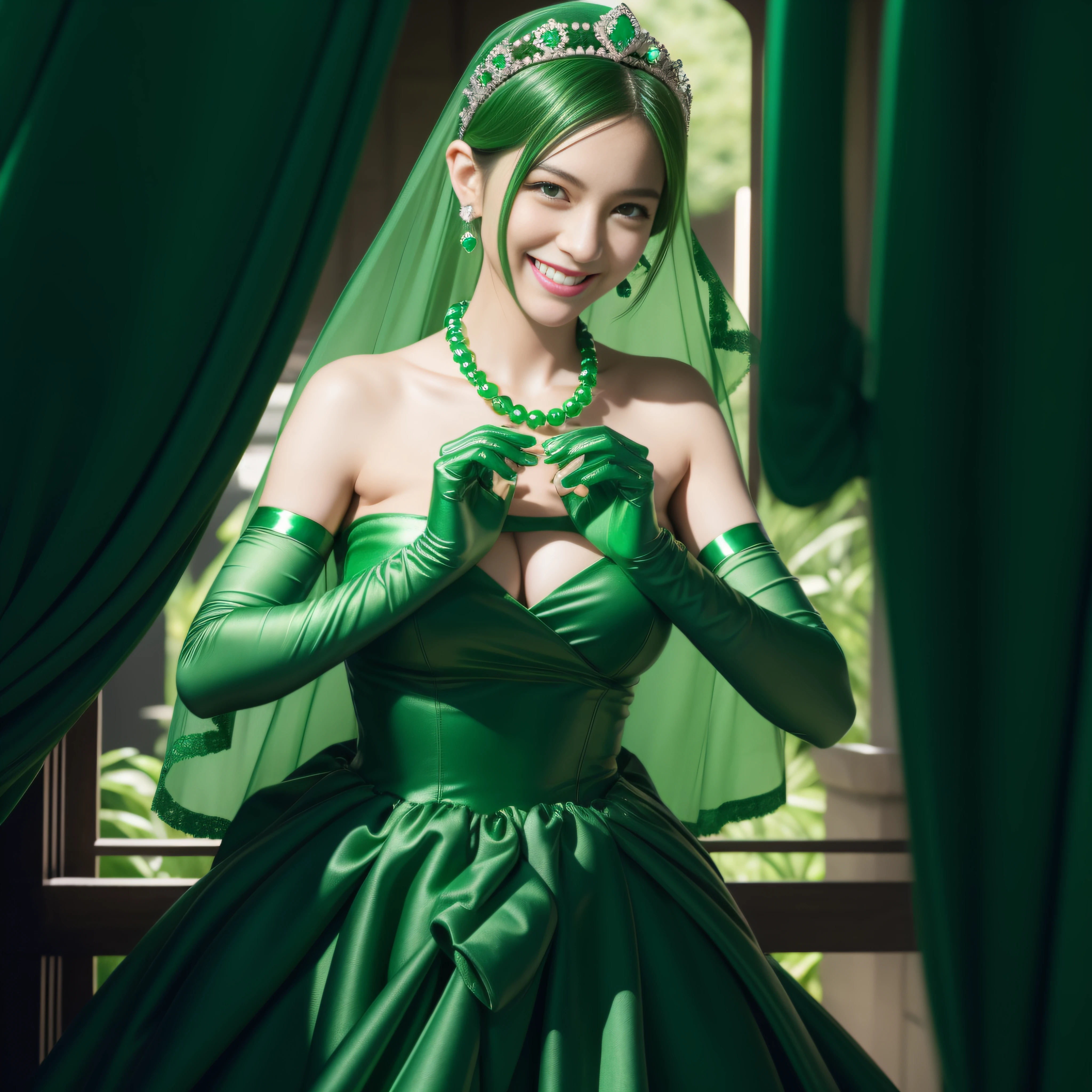 emerald tiara, Green Pearl Necklace, Boyish very short green hair, lipsticks, Japan woman smiling, very short short hair, big breasts beautiful, Green eyes, Long green gloves made of satin material, Green eyes, Emerald Earrings, green vale, Heart with both hands