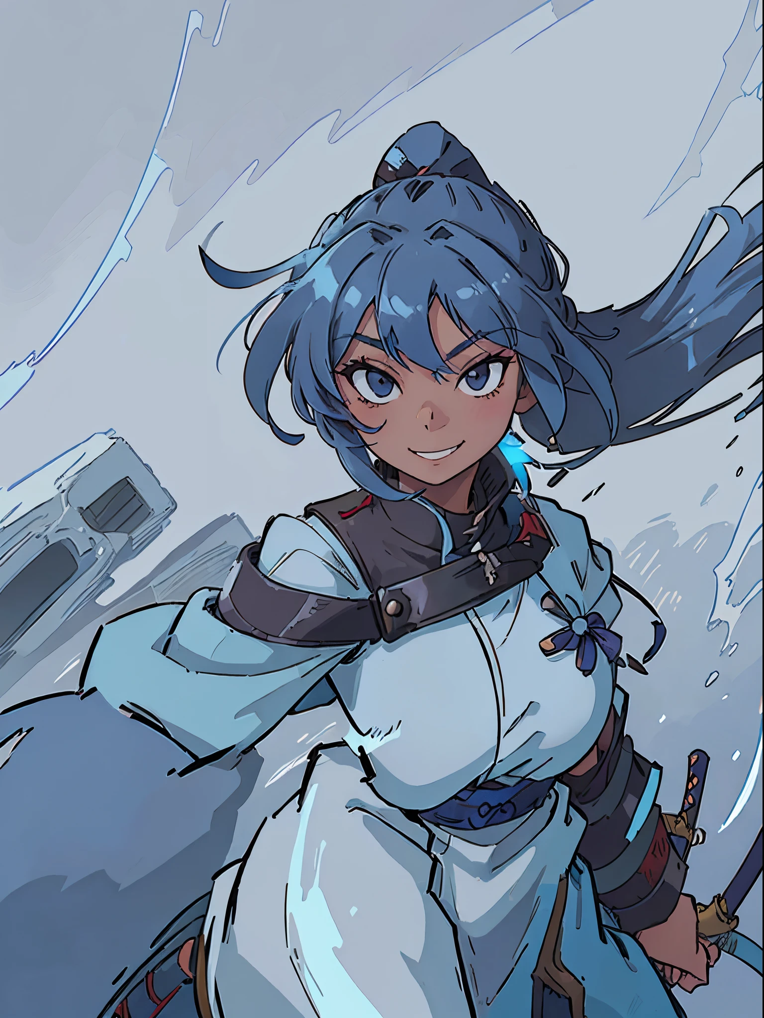 female, blue hair, samurai outfit, dark skin, smile, no background, solid background