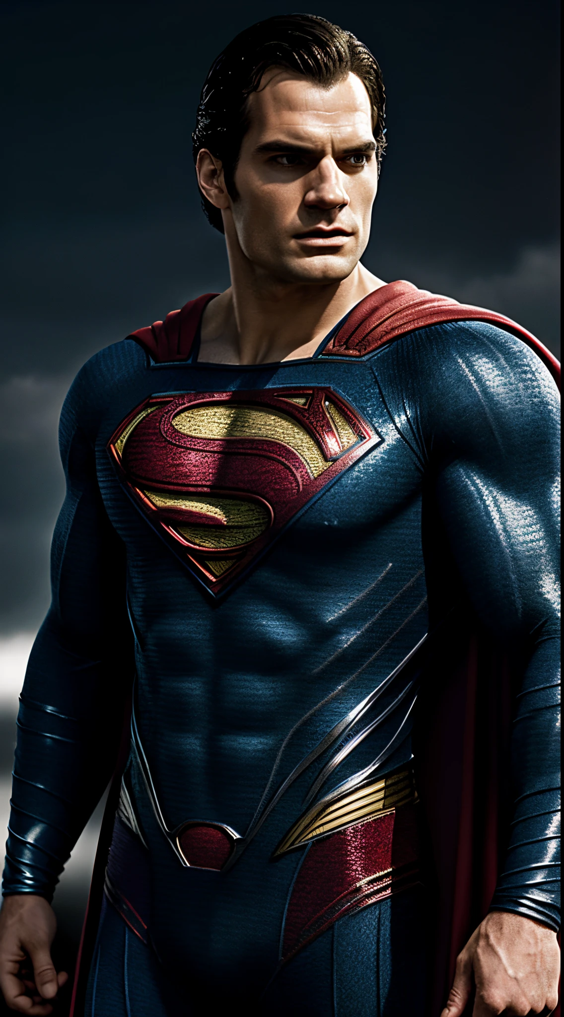Superman, Henry Cavill as Superman, macho, tall, hunk, muscular, Superman suit, intricate details on the suit, best quality, masterpiece, serious face, ultra detailed suit, detailed face, powerful pose, best quality, high resolution:1.2, night, dark atmosphere, flowing cape, award winning, shadow, volumetric lighting