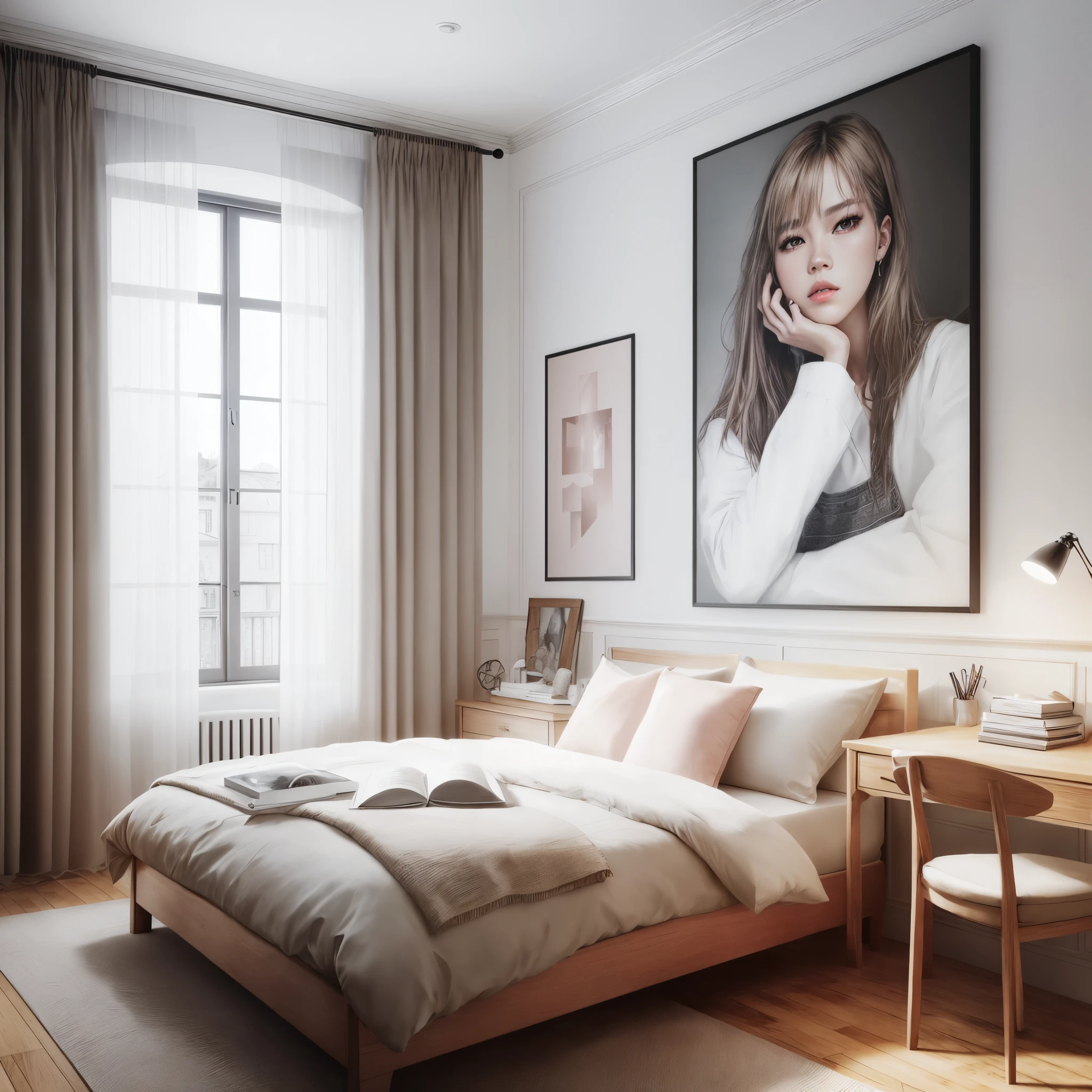 there is a bed with a white comforter and a picture on the wall, realista estilo 3d, Lalisa Manoban do Blackpink, estilo de arte fotorrealista, estilo de arte realista, estilo hiper realista, em um quarto, quarto fotorrealista, imagem fotorrealista, Lalisa Manobal, a photorealistic rendering, estilo fotorrealista, hyperrealistic aesthetic