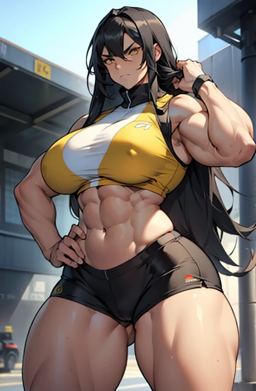 ((1 girl)) ((((muscular)))), ((huge tits)) ((thick thighs)) ((wide hips)) ((toned body)) ((curvy)) (thick thighs)) ((bodybuilder)) (pale skin) black hair very long hair yellow eyes angry