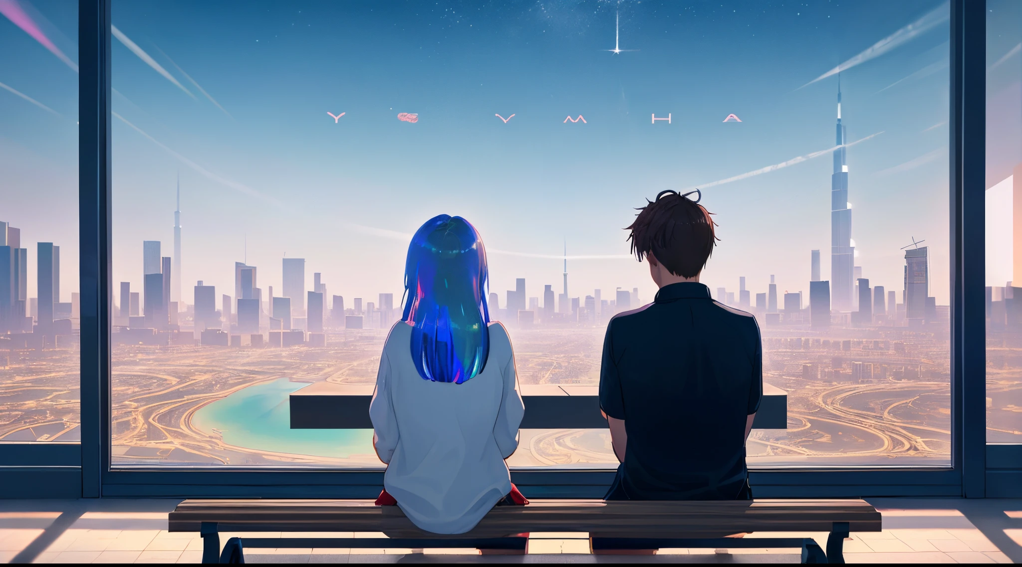 boyfriend and girlfriend from the back front of burj khalifa,stary,sky,city, boyfriend and girlfriend sitting on bench boy with the name YUVII write on clothe,girl with the name MEHAK write on clothe.8k view ,no blurry, realistic, beautiful view, holographic picture