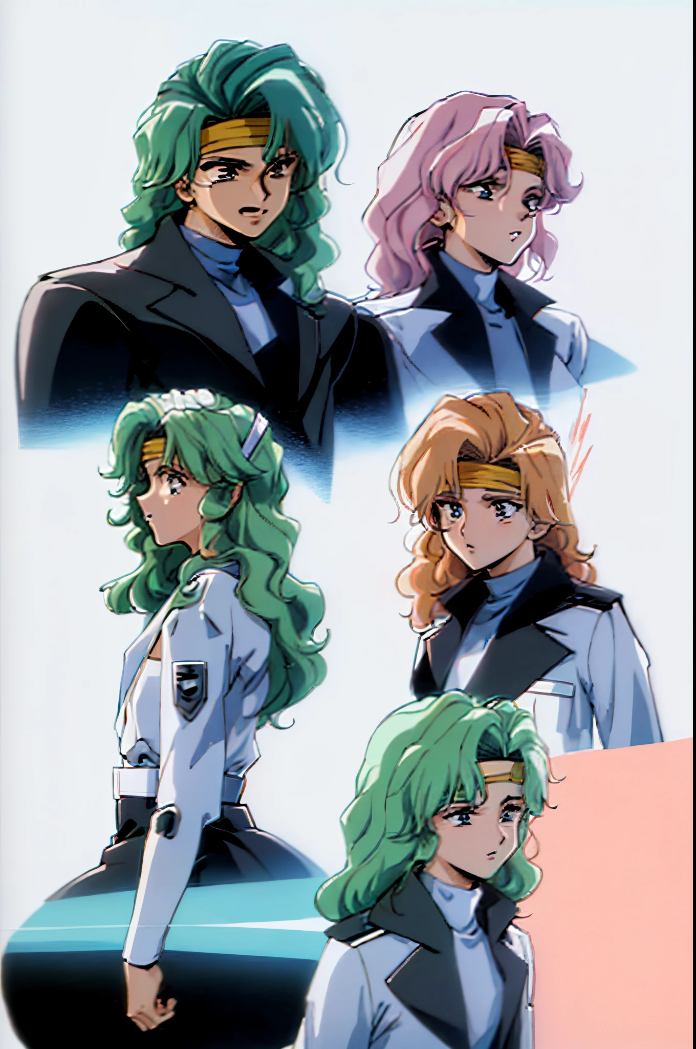 same anime characters with different expressions, style of macross, jojo anime style, robotech styling,retro artstyle,urushihara satoshi, 1980's anime style, character designs,highly detailed,flat color,best quality,masterpiece,dept of field,urushihara satoshi,1girl,full body,1980s \(style\),80s anime, ,((masterpiece)),(((best quality))),(character design sheet,same character,front,side,back), 1girl, solo,ear gear,blonde curly long hair,long coat jacket,,strong leadership character,she is commander,military jacket,retro artstyle,masterpiece,bestquality,top quality,ultra highly , concept art, character sheet, (simple background, white background: 1.3),(black outfit:1.4),head band,asian eyes,beautiful eyes,best shadow,(((sharp eyes))),upper body,(girl:1.3),same character,