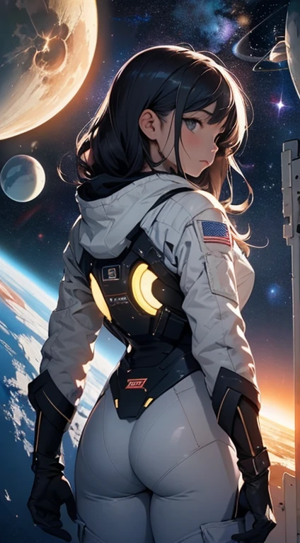 1girl, from_behind, floating, space_suit ( space, stars, planets, suns, starry_sky )
